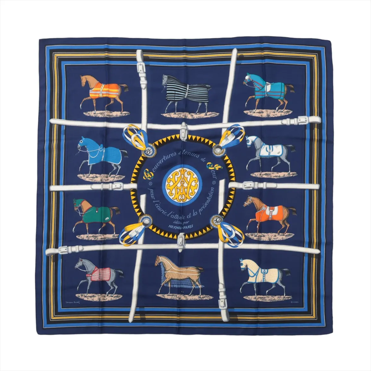 Carre 90 Couvertures et Tenues de Jour (Horse Blanket Scarf), Silk, Navy. Shows wear,