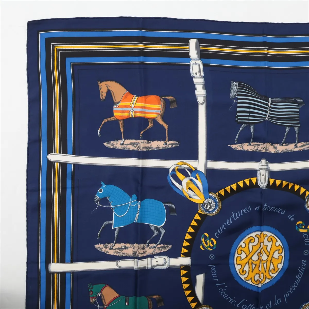 Carre 90 Couvertures et Tenues de Jour (Horse Blanket Scarf), Silk, Navy. Shows wear, — view 2