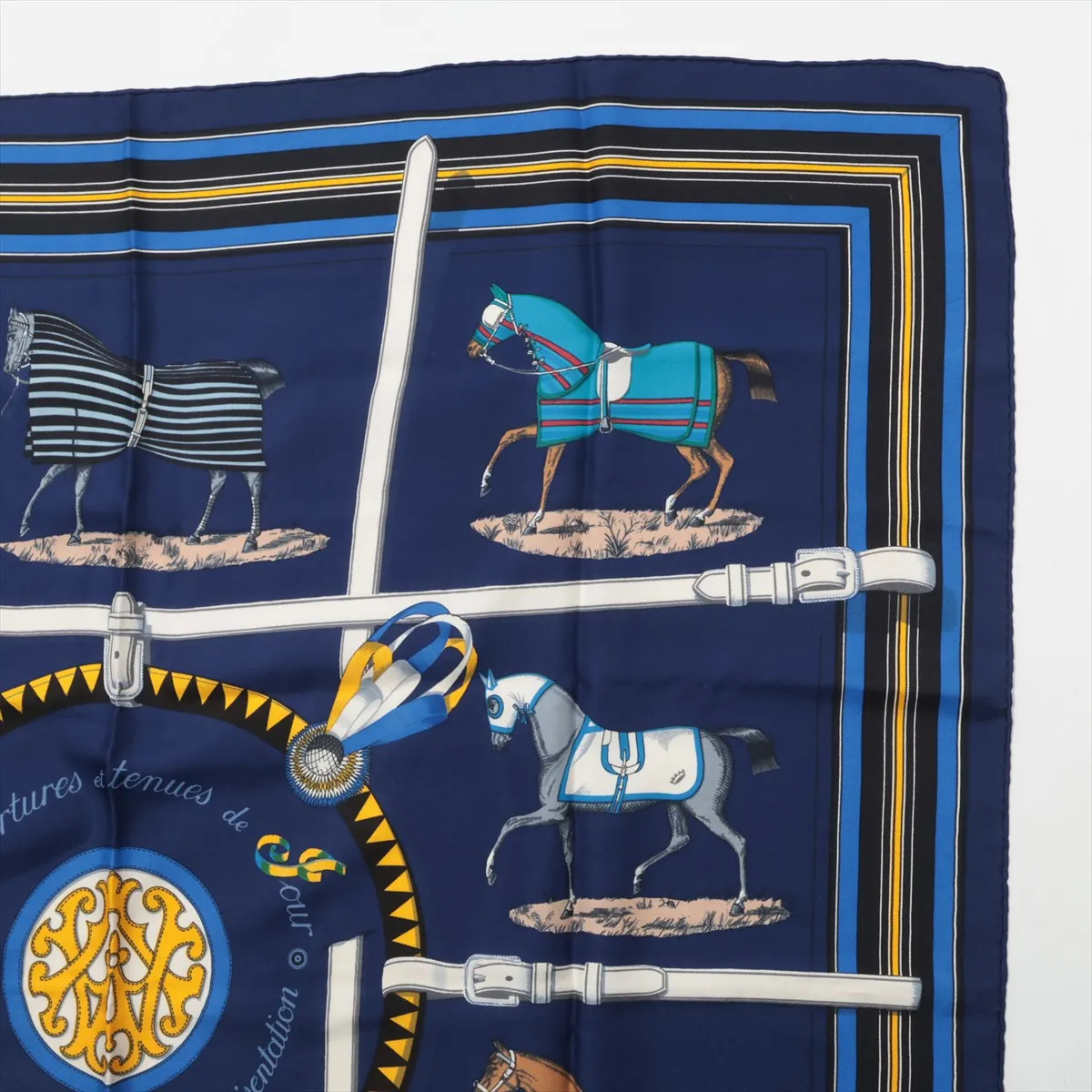 Carre 90 Couvertures et Tenues de Jour (Horse Blanket Scarf), Silk, Navy. Shows wear, — view 3