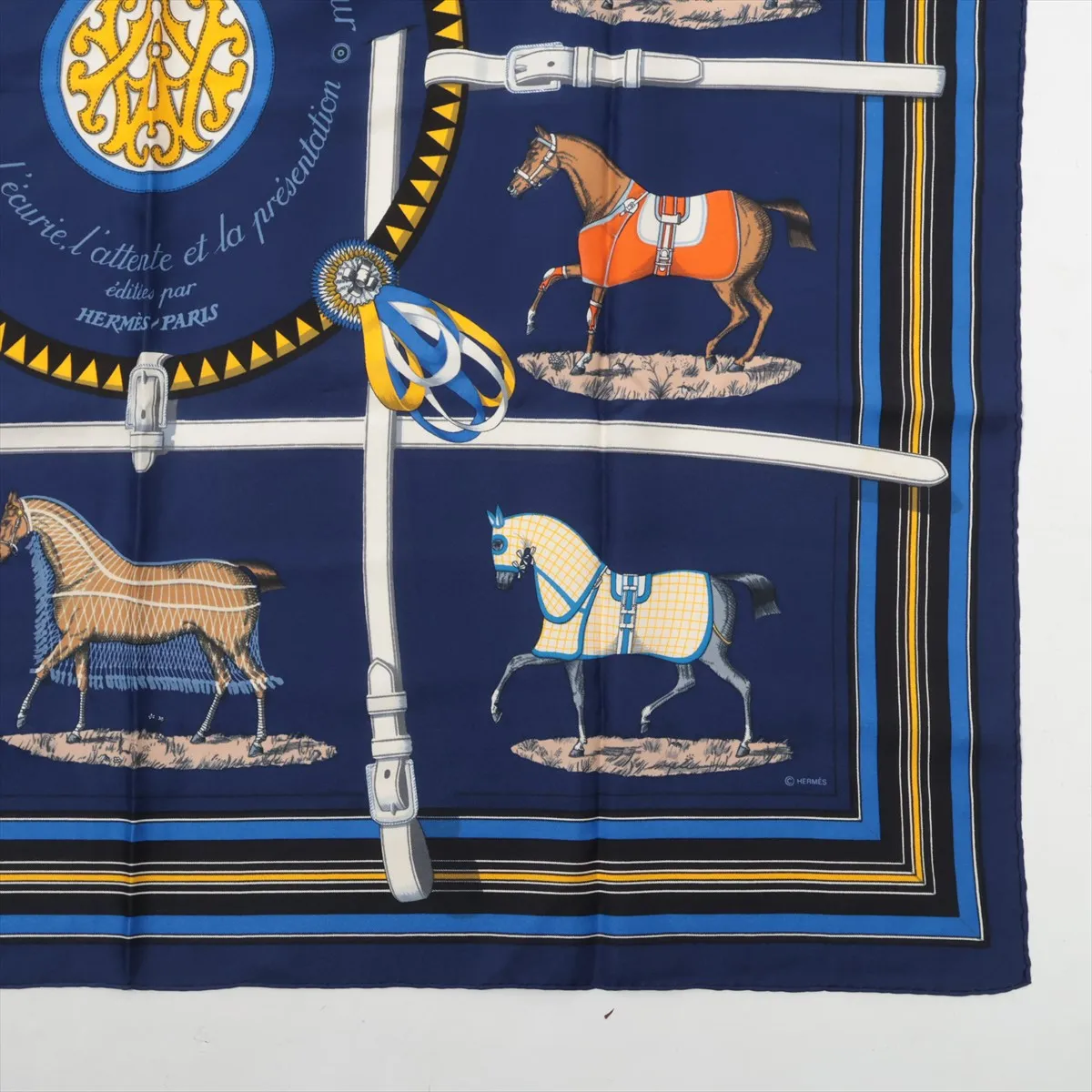 Carre 90 Couvertures et Tenues de Jour (Horse Blanket Scarf), Silk, Navy. Shows wear, — view 4