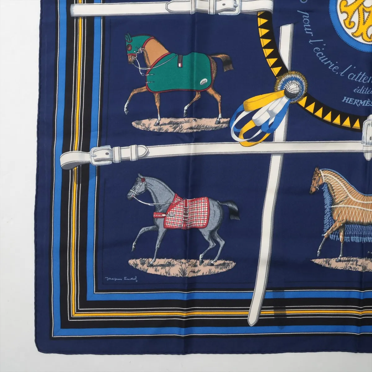 Carre 90 Couvertures et Tenues de Jour (Horse Blanket Scarf), Silk, Navy. Shows wear, — view 5