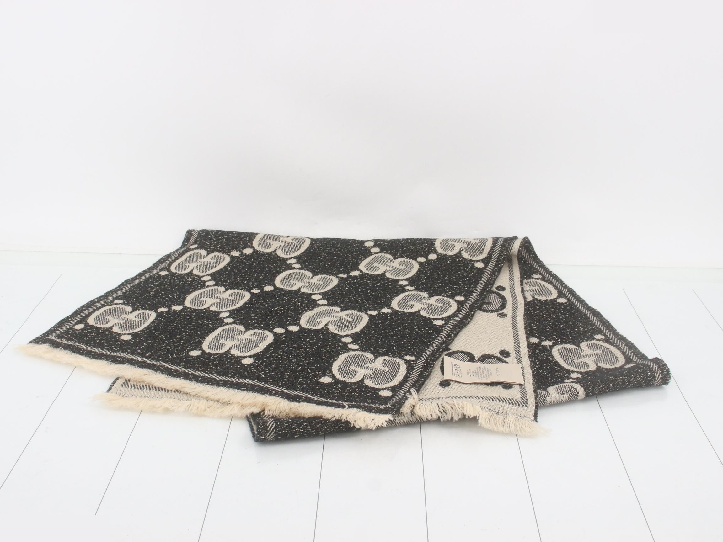 GG Wool Lame Jacquard Scarf, Item No. 598993, with tag. — view 2