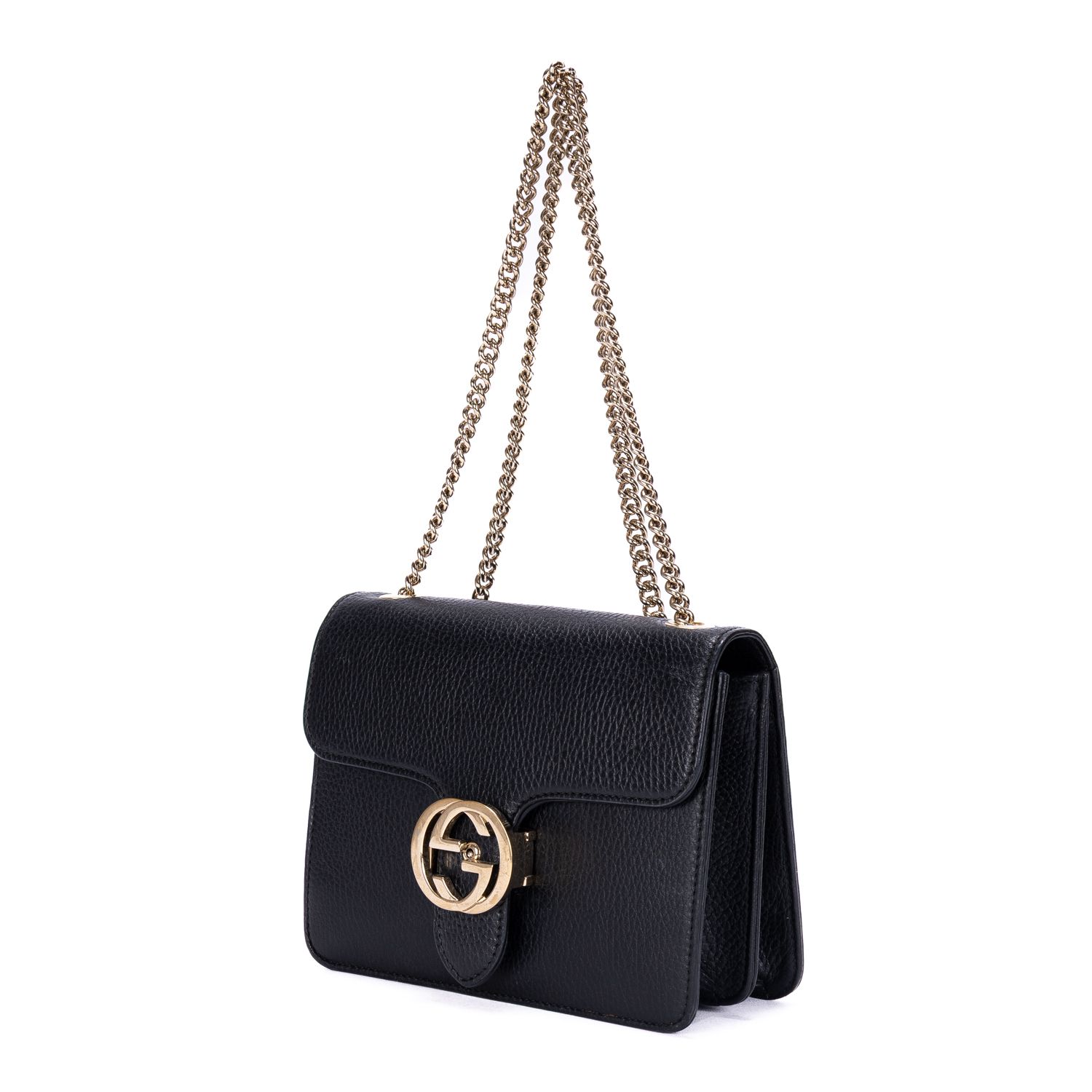 Interlocking G Chain Interlocking G Black Black Grained Leather Gold — view 2