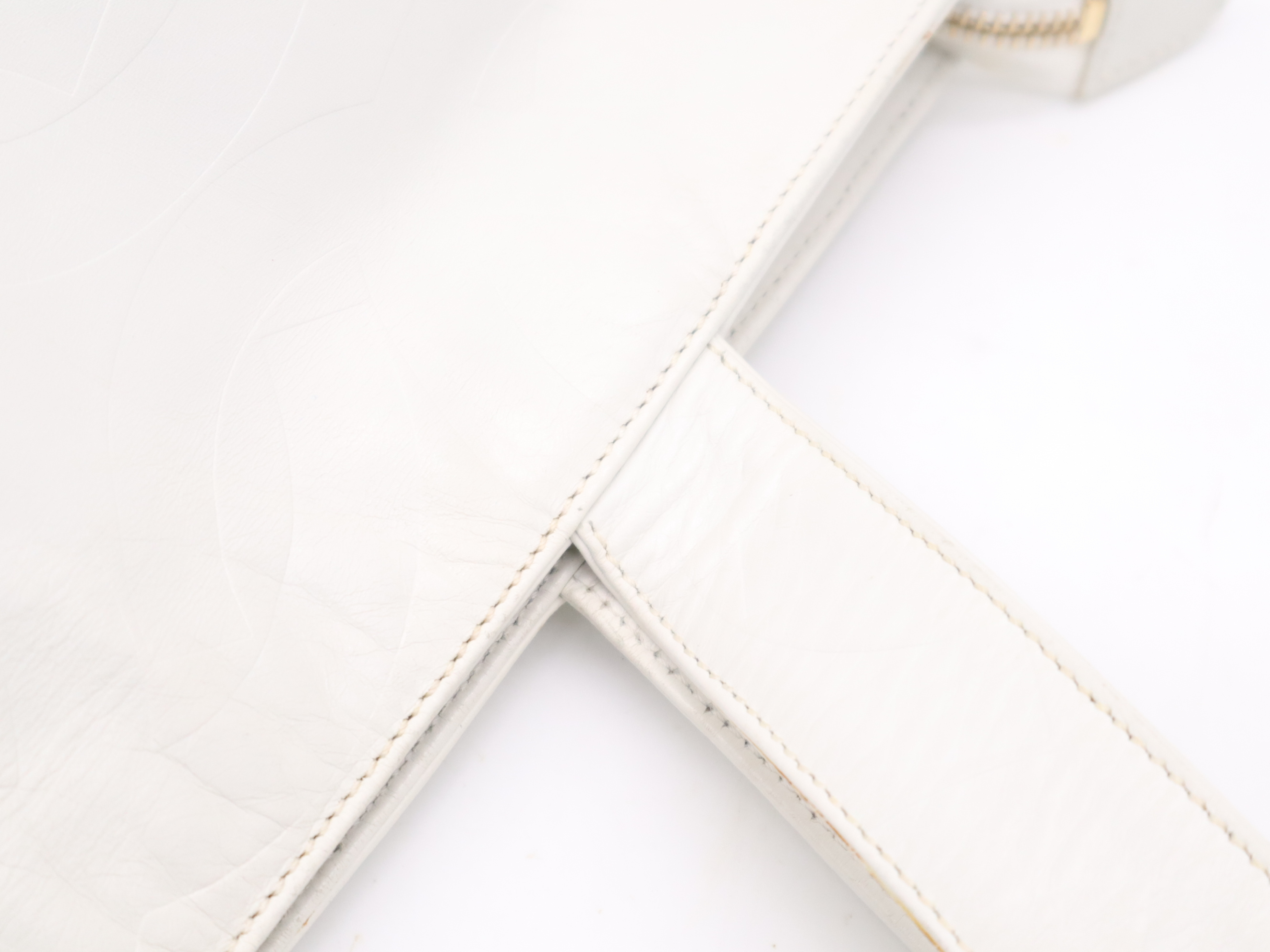 Leather Tote Bag with All-Over Logo, White, Gold Hardware, with Sticker — view 8