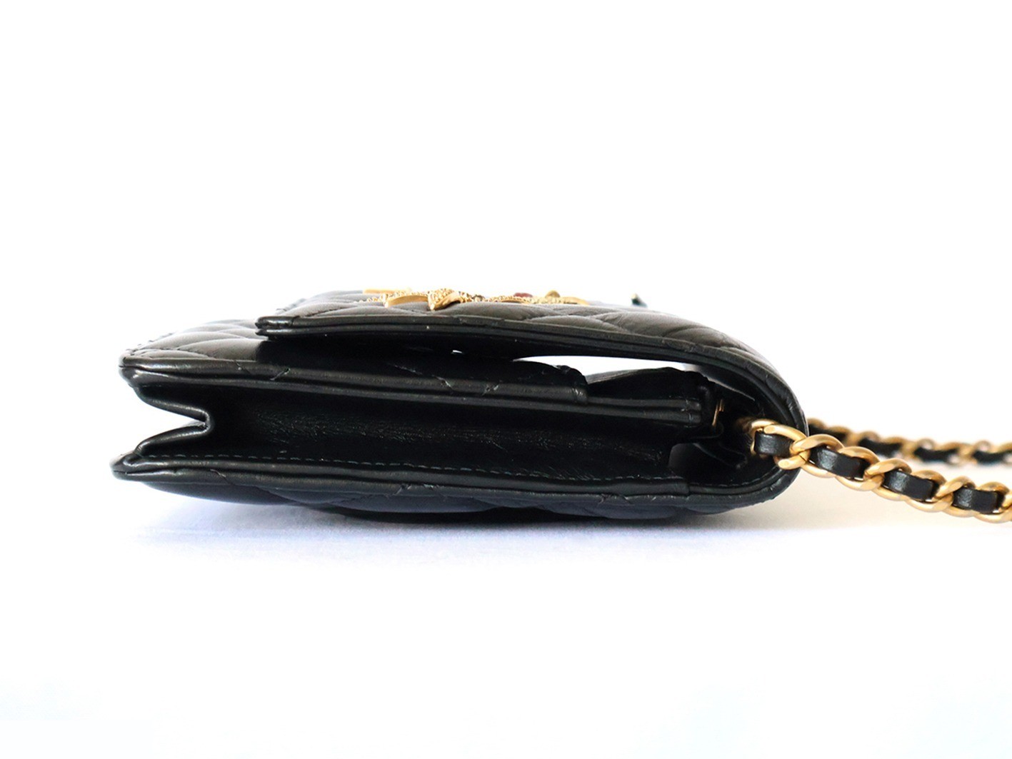 Vintage calfskin charm chain wallet, black — view 6