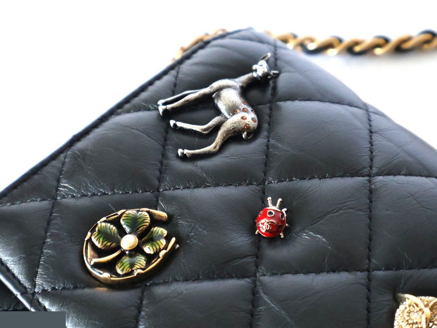 Vintage calfskin charm chain wallet, black — view 7