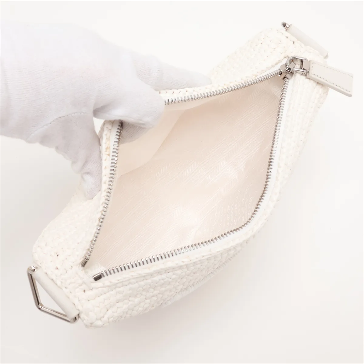 Triangle 1BH190 Raffia Shoulder Bag, White, Unsigned Guarantee Card — view 6