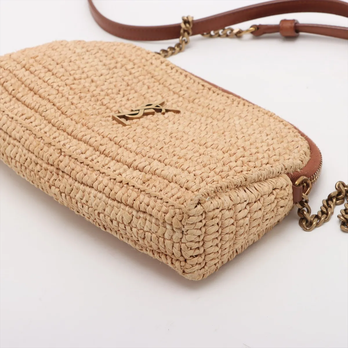 Raffia x Leather Shoulder Bag, Beige x Brown, 774293 — view 3