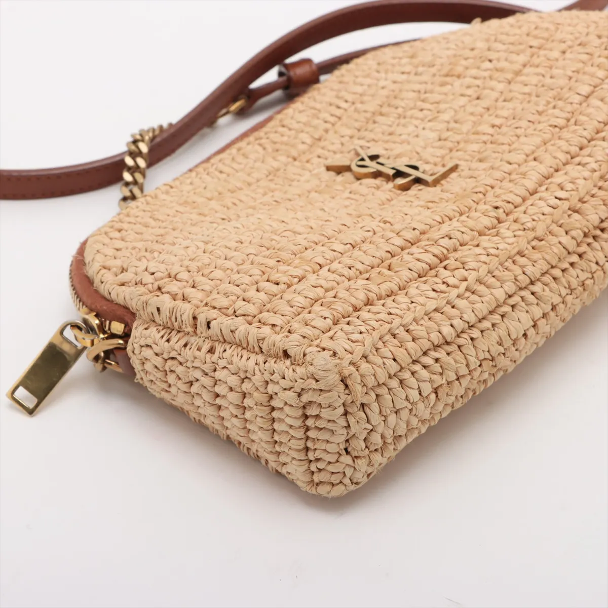 Raffia x Leather Shoulder Bag, Beige x Brown, 774293 — view 4