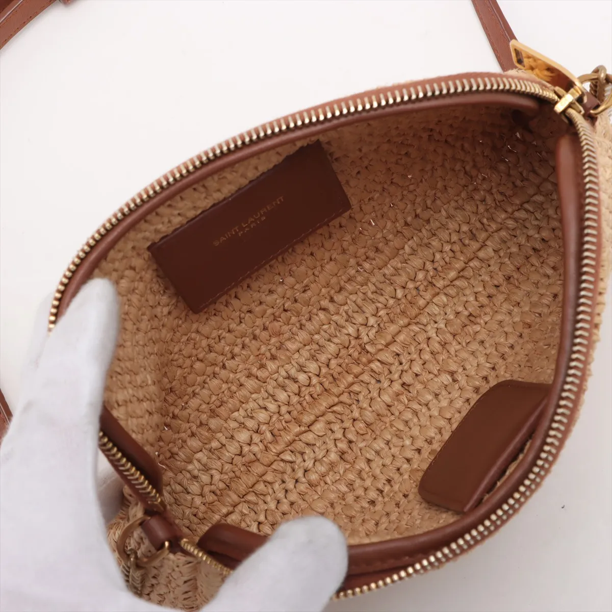 Raffia x Leather Shoulder Bag, Beige x Brown, 774293 — view 6