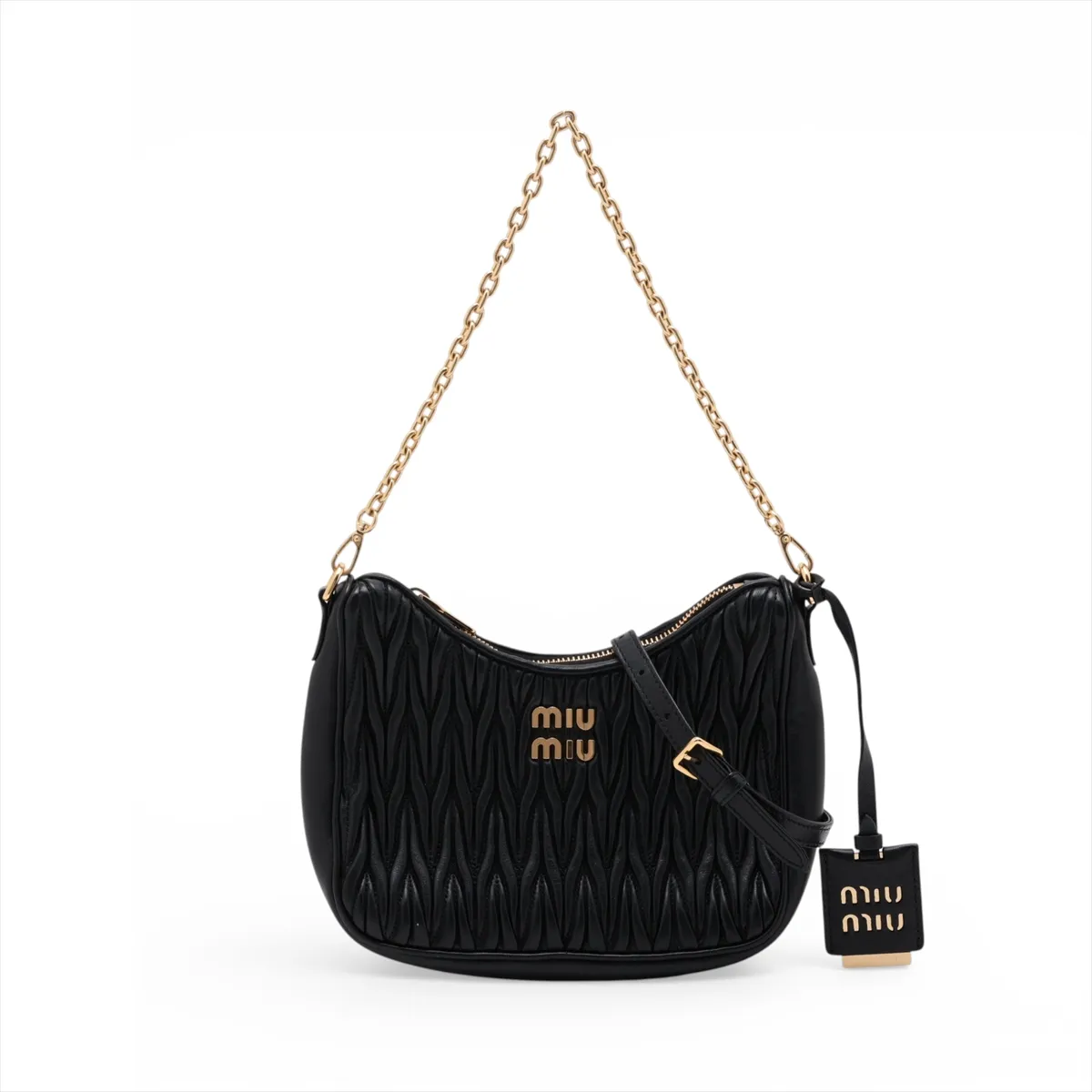 Matelassé Leather 2-Way Shoulder Bag, Black
