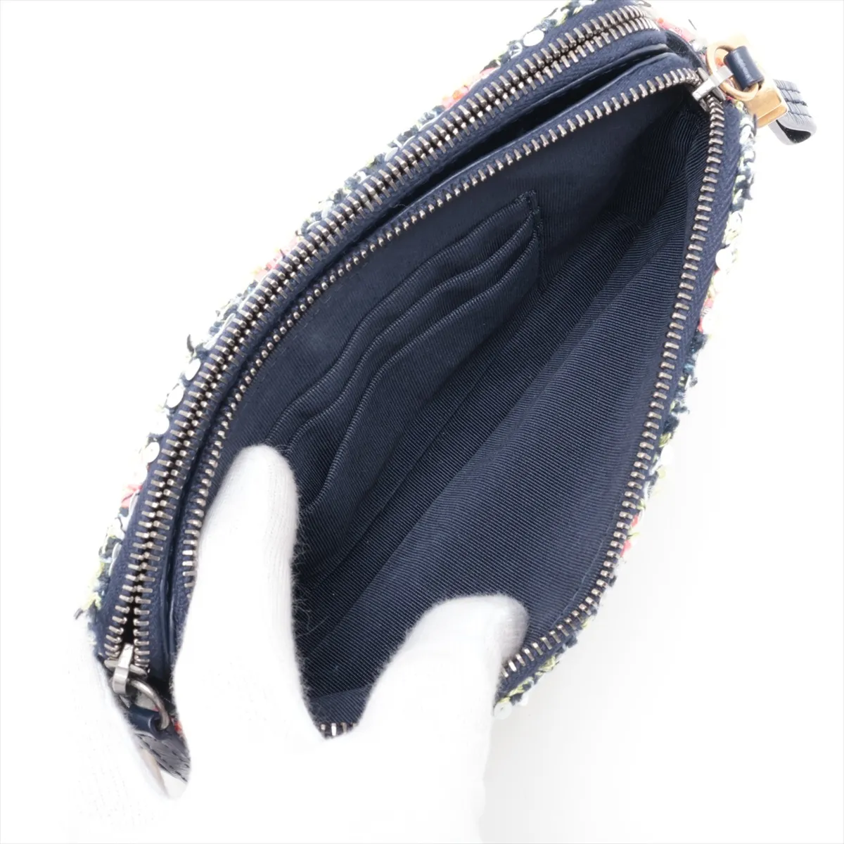 Gabrielle de Chanel Tweed x Leather Chain Wallet, Navy, Gold x Silver Hardware, 29387949, Serial Number 29 — view 6