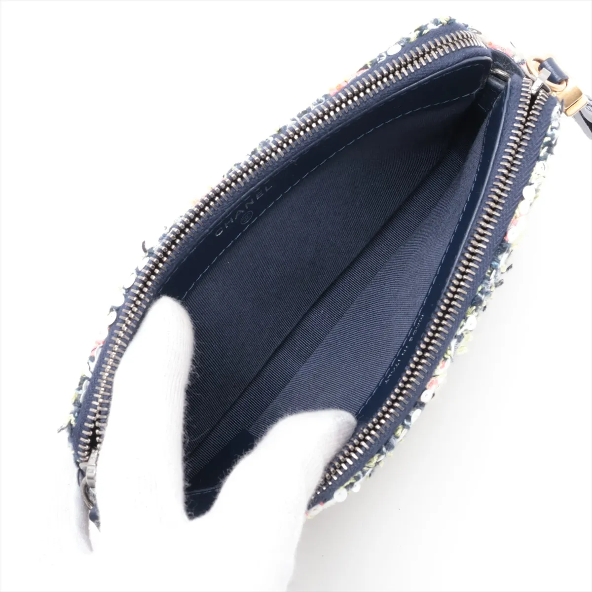 Gabrielle de Chanel Tweed x Leather Chain Wallet, Navy, Gold x Silver Hardware, 29387949, Serial Number 29 — view 7