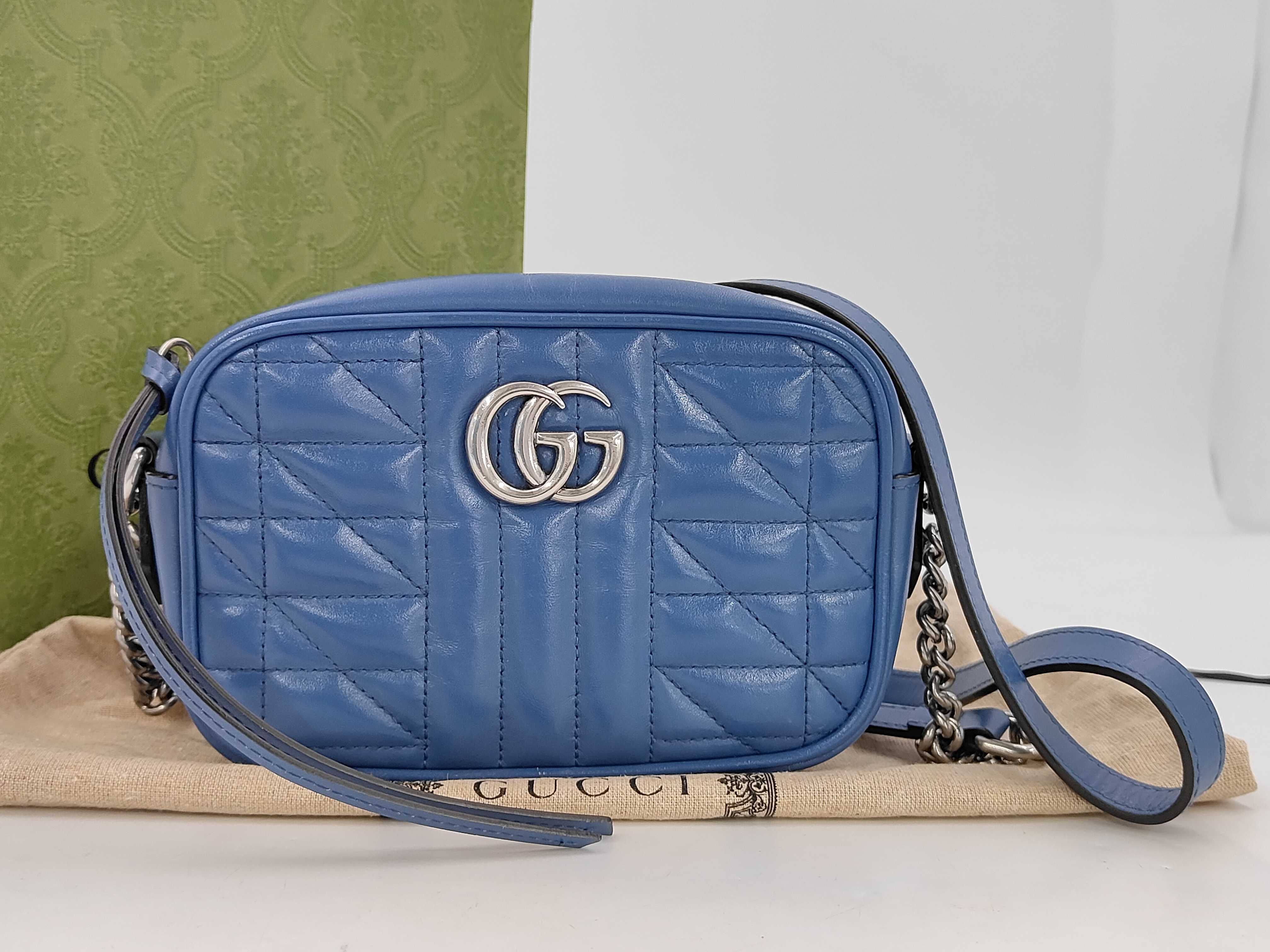 GG Silver Tone Marmont Quilted Top Zip Leather Mini Shoulder Bag Blue 634936 Shoulder Bag