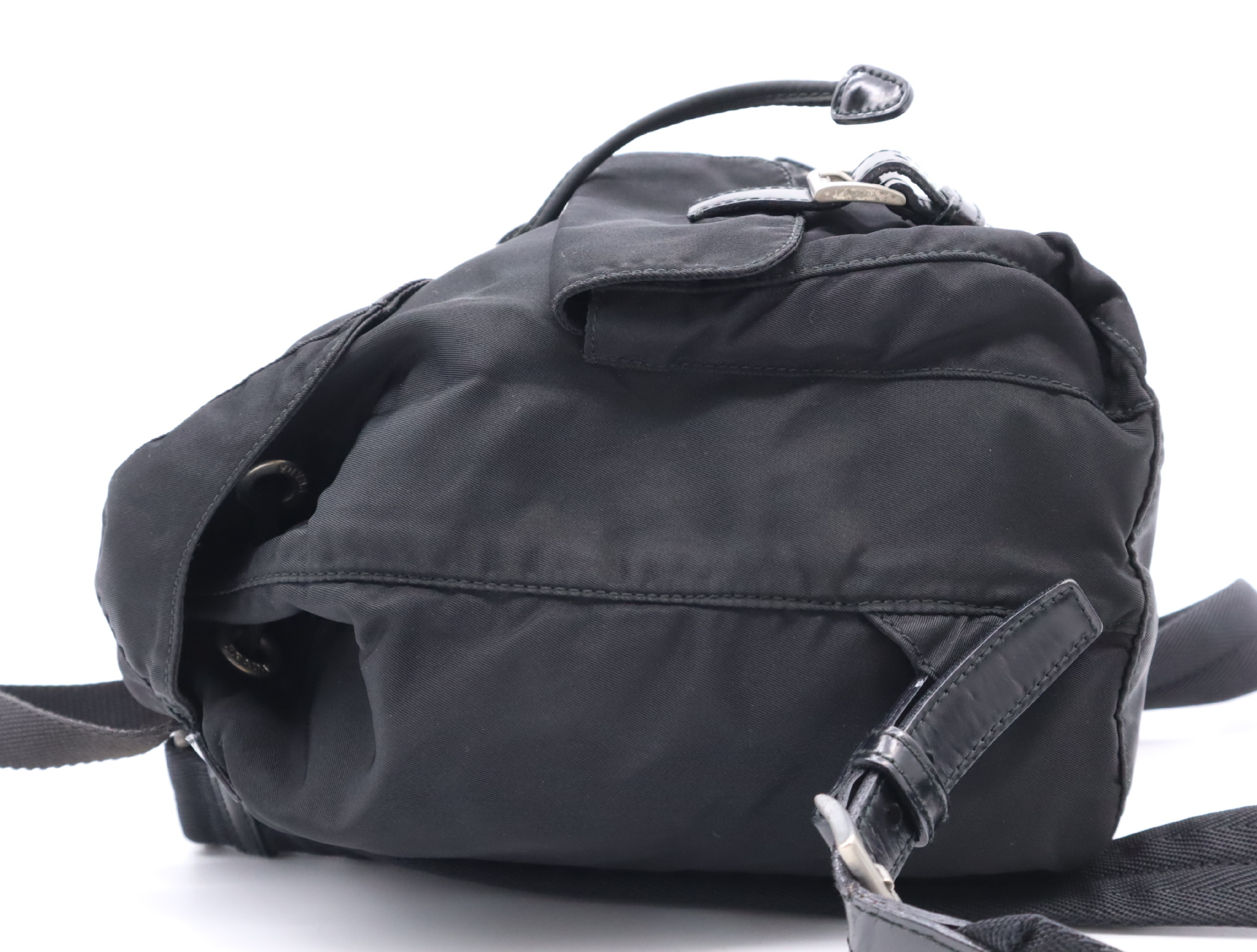 Nylon Triangle Logo Backpack, Black with Silver Hardware, Rucksack — view 3