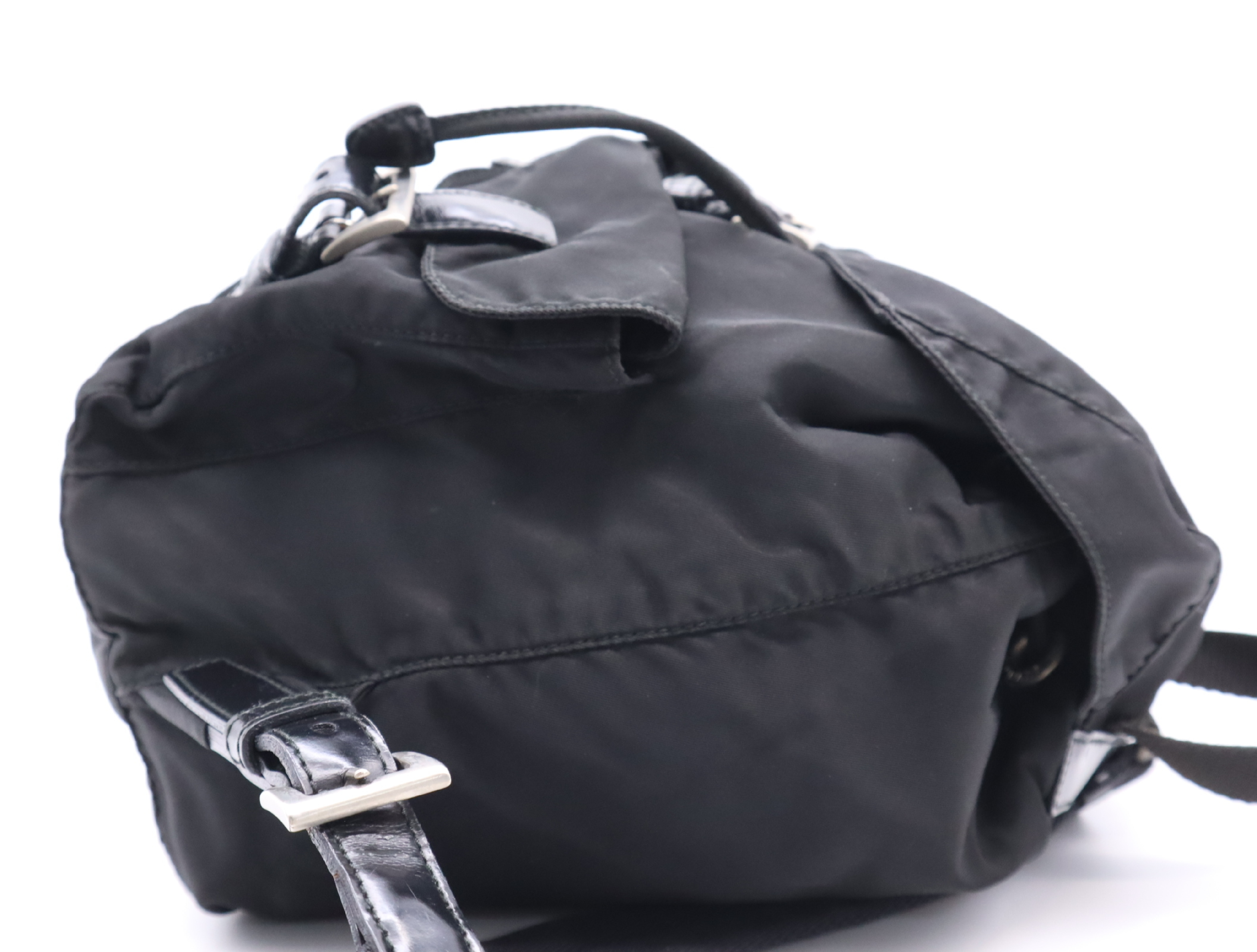 Nylon Triangle Logo Backpack, Black with Silver Hardware, Rucksack — view 5