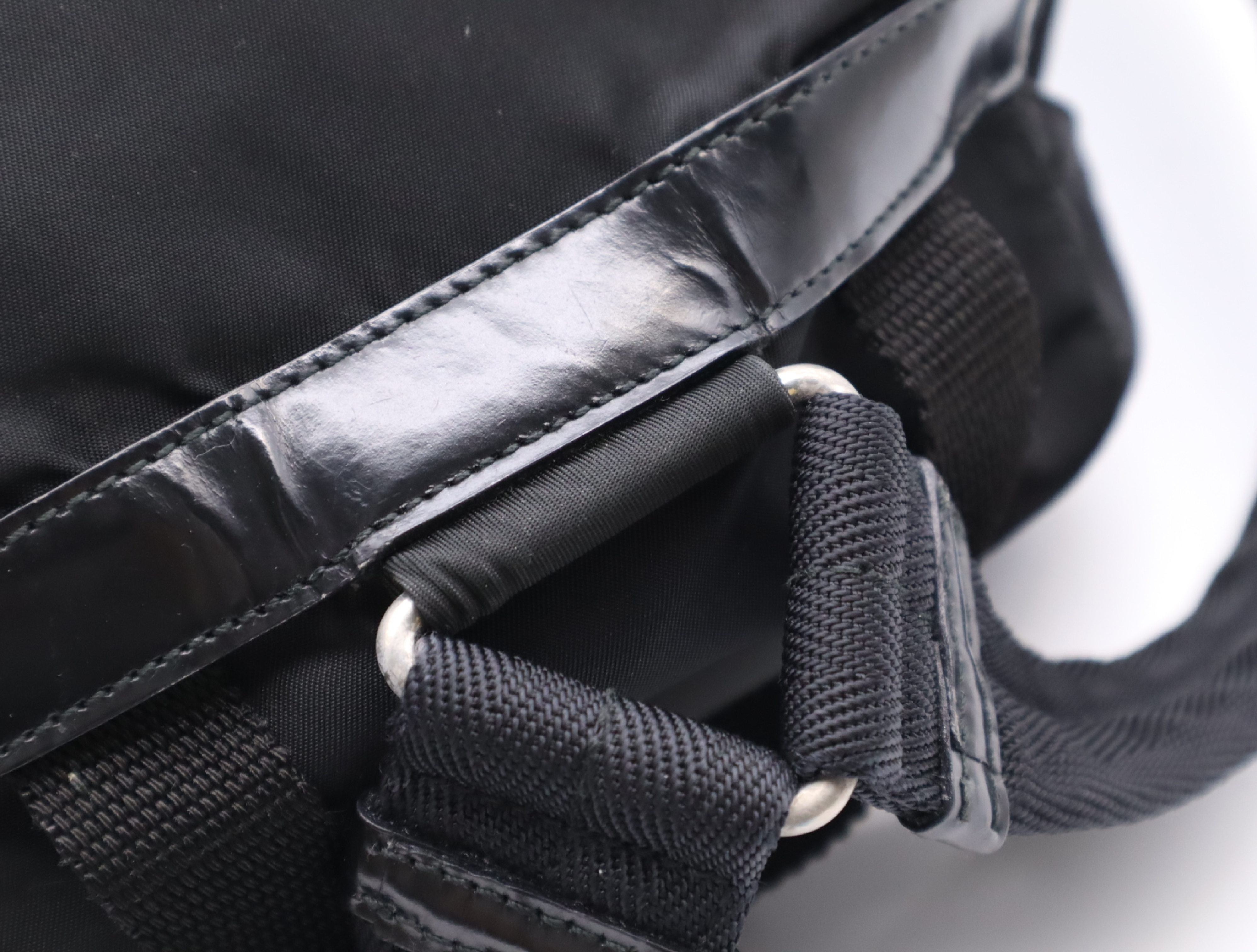 Nylon Triangle Logo Backpack, Black with Silver Hardware, Rucksack — view 8