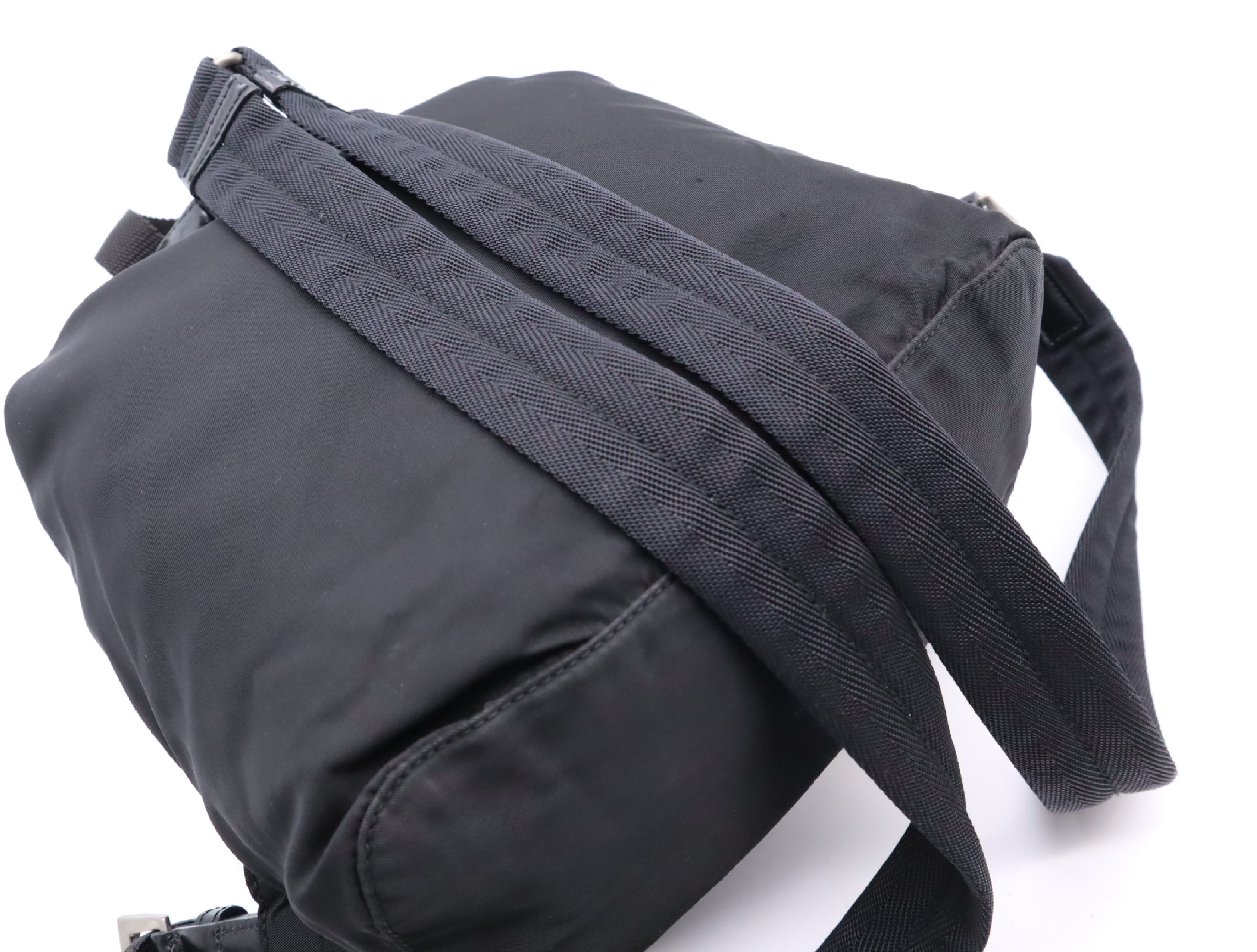 Nylon Triangle Logo Backpack, Black with Silver Hardware, Rucksack — view 9
