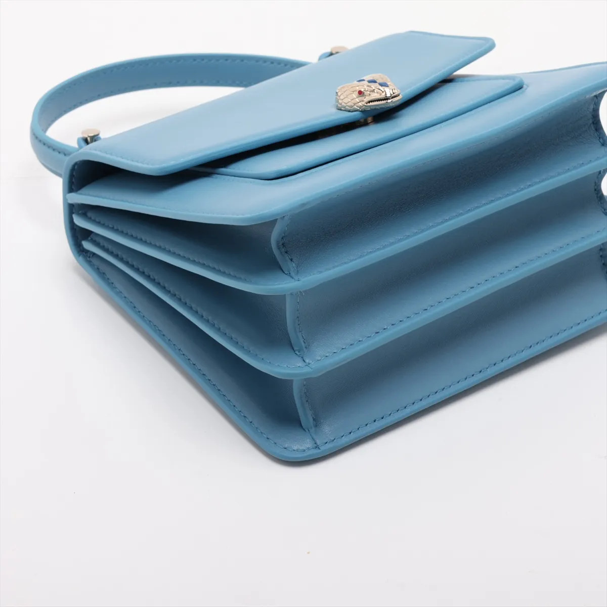 Serpenti Forever Leather 2-Way Handbag, Blue, with Mirror — view 4