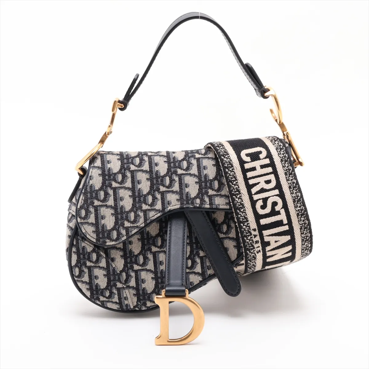 Oblique Saddle Bag, Canvas x Leather, 2-Way Shoulder Bag, Navy