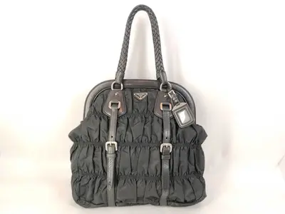 Nylon Prada Nylon x Leather Gathered Tote Bag Handbag Triangle Logo Black Tote Bag