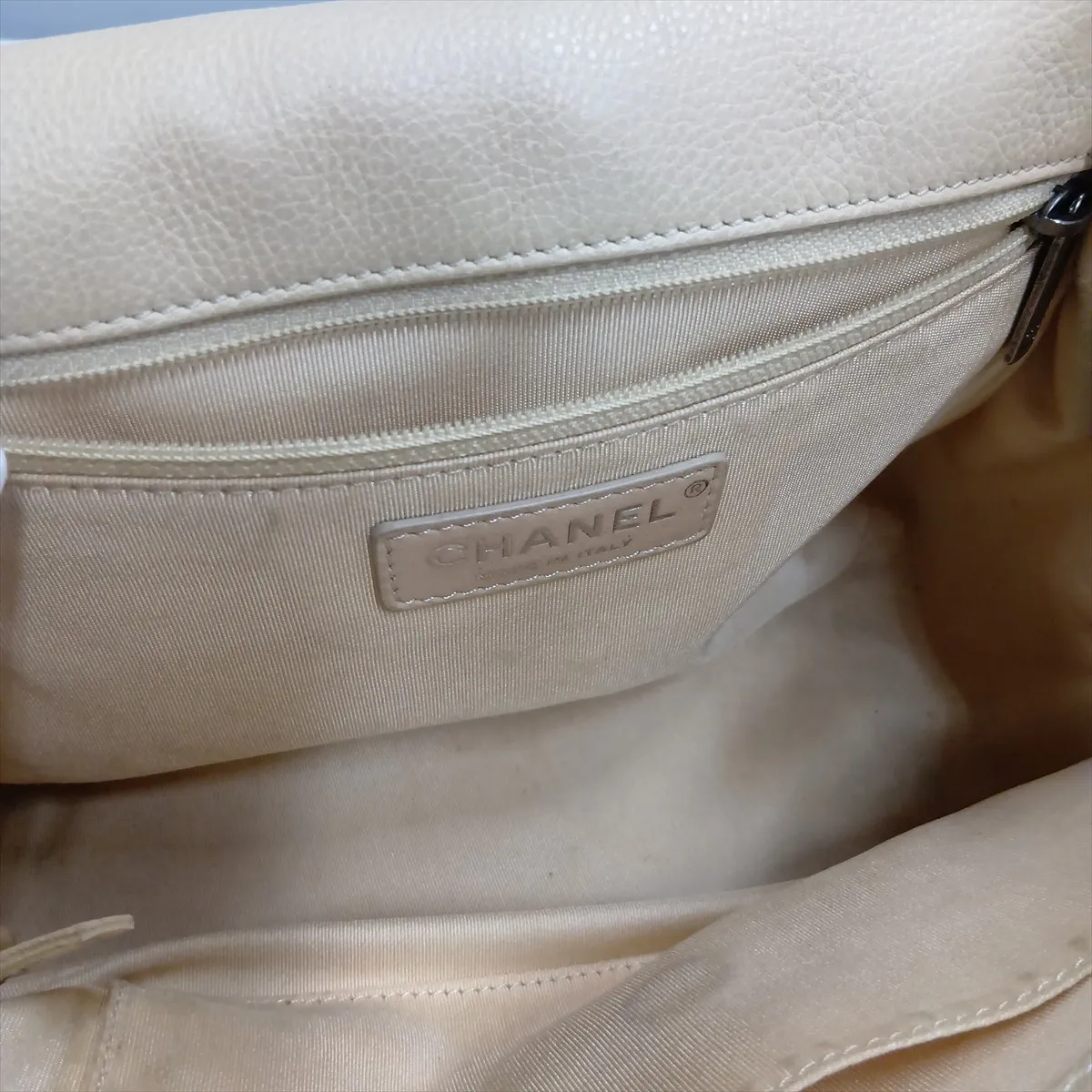 Matelassé Leather Single Flap Single Chain Bag, Beige, Gunmetal Hardware, Item No. 23246451 (Serial No. 23) — view 12