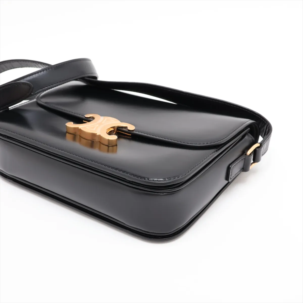 Triomphe Teen Leather Shoulder Bag, Black — view 3