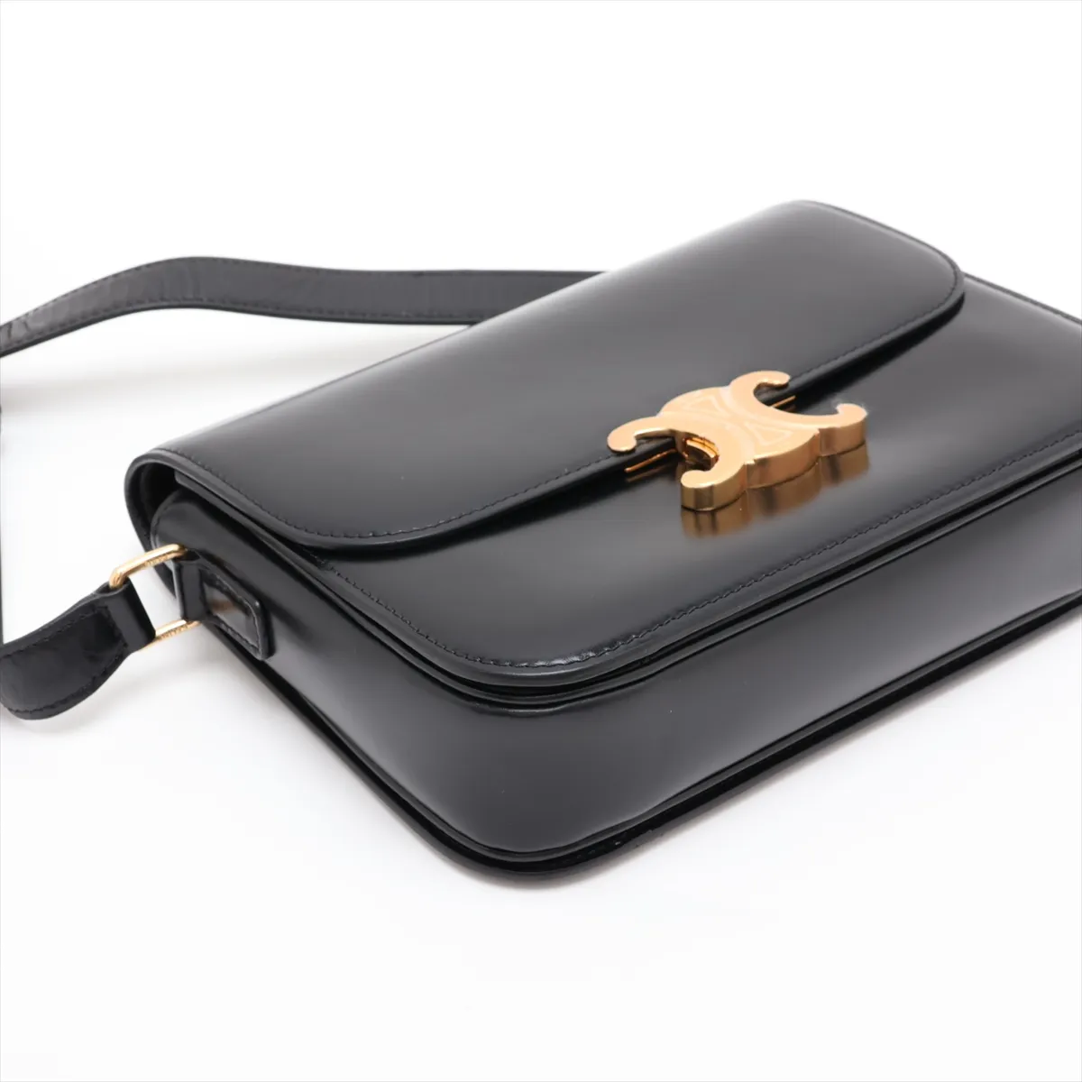 Triomphe Teen Leather Shoulder Bag, Black — view 4