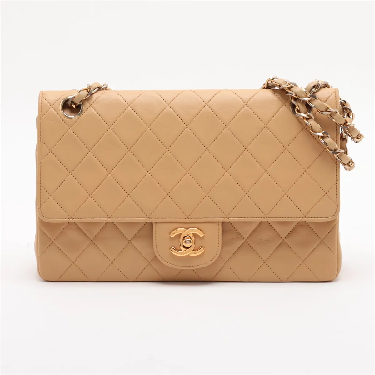 Matelassé 25 Leather Double Flap Double Chain Bag, Beige, Gold Hardware, 0706439, Serial Number 0-series, A01112