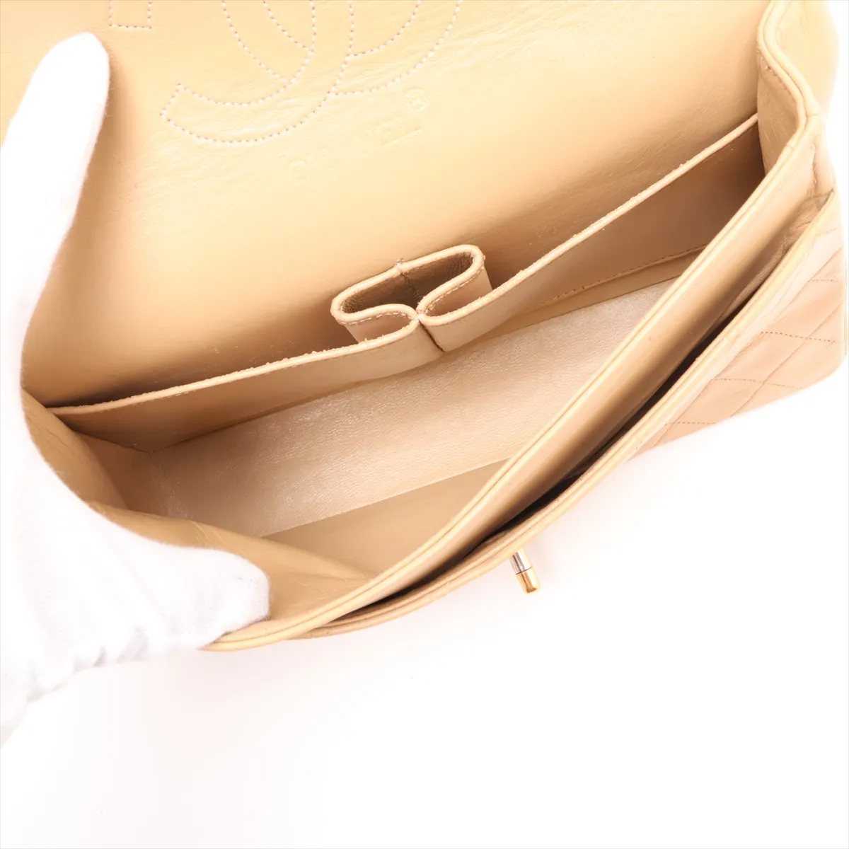 Matelassé 25 Leather Double Flap Double Chain Bag, Beige, Gold Hardware, 0706439, Serial Number 0-series, A01112 — view 7