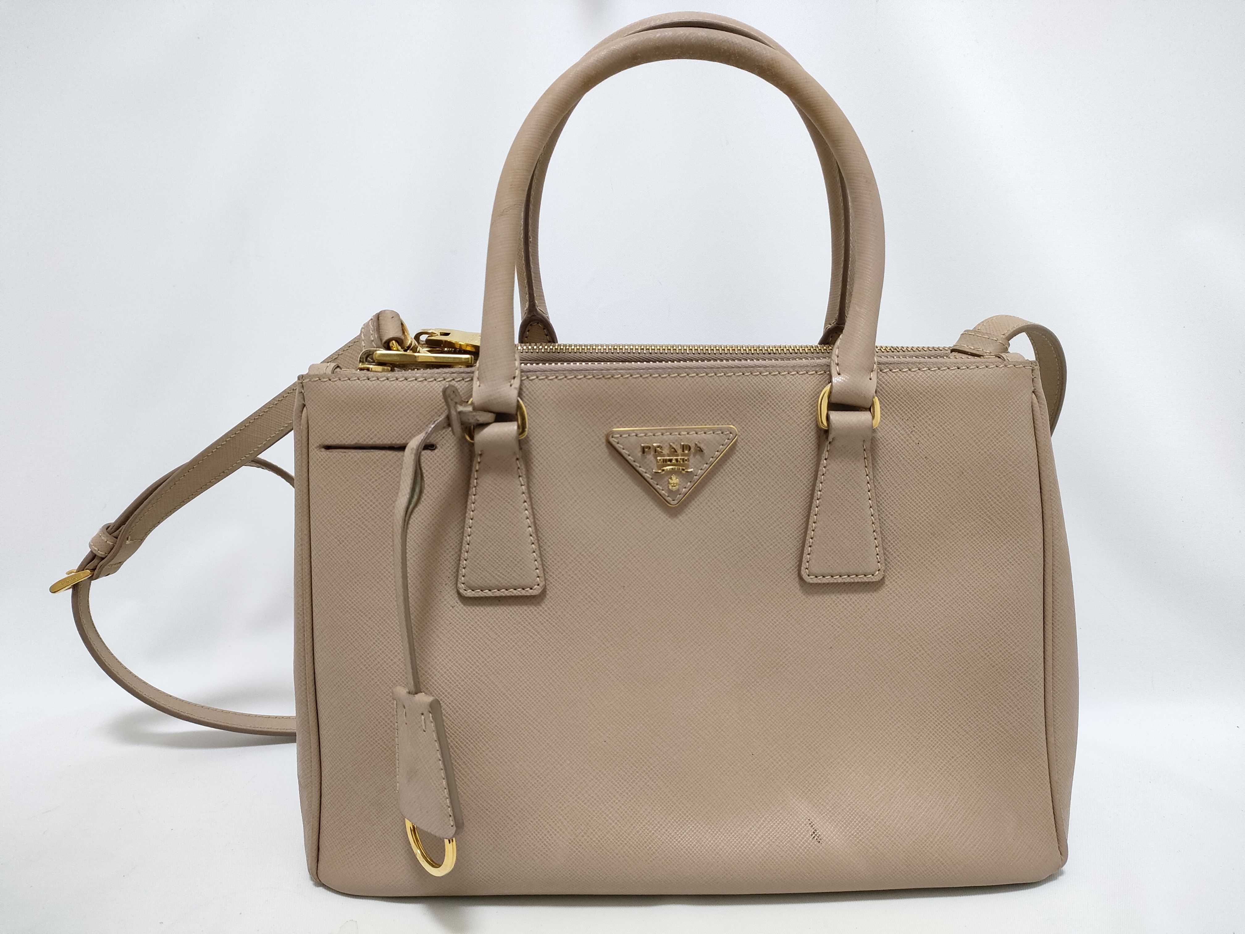 Saffiano Lux Leather 2-Way Handbag Beige 1BA863 Handbag