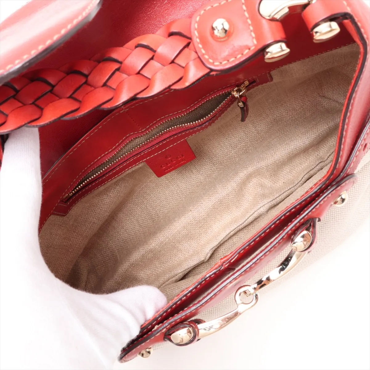 Canvas x Leather Shoulder Bag, Beige x Brown, 137592 — view 7