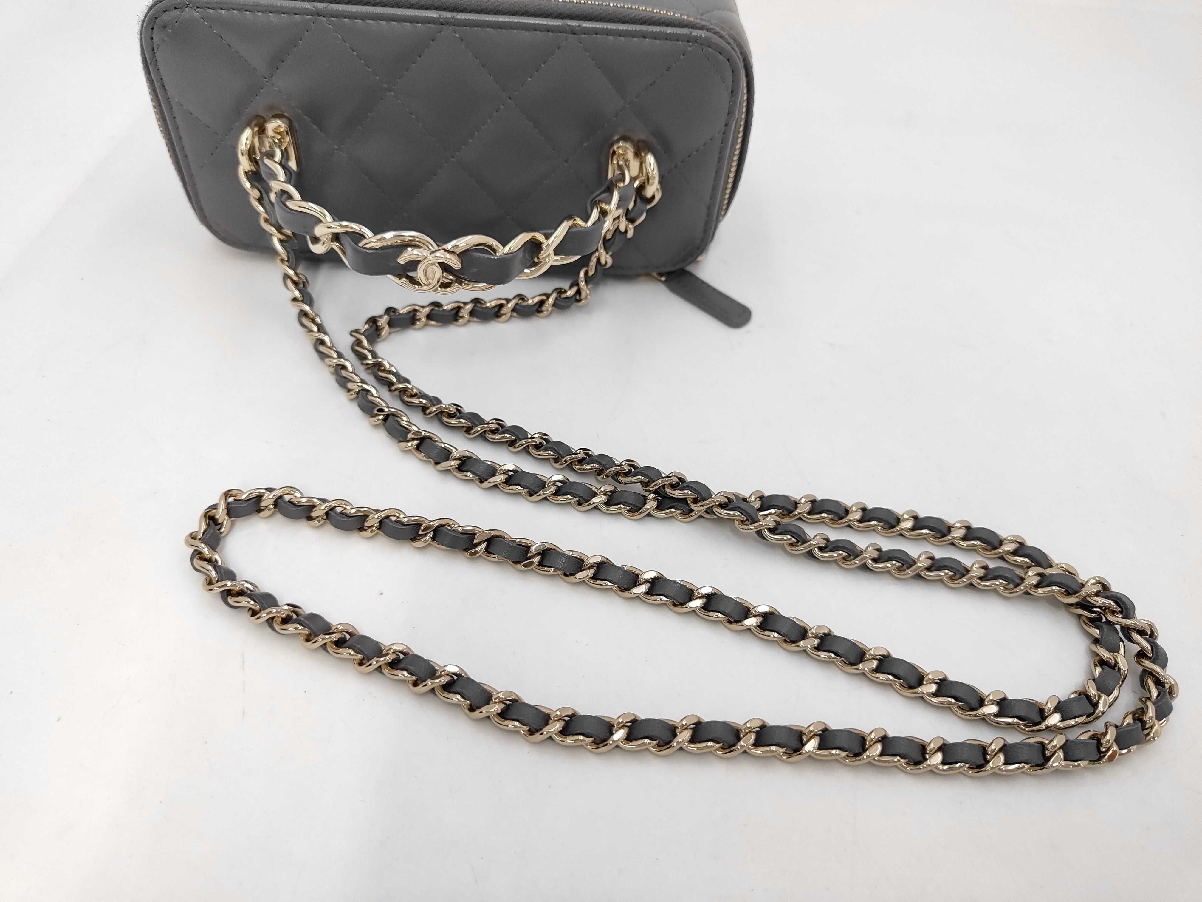 Matelassé Vanity Chain Shoulder Bag, Lambskin, Gray, Gold Hardware. — view 5