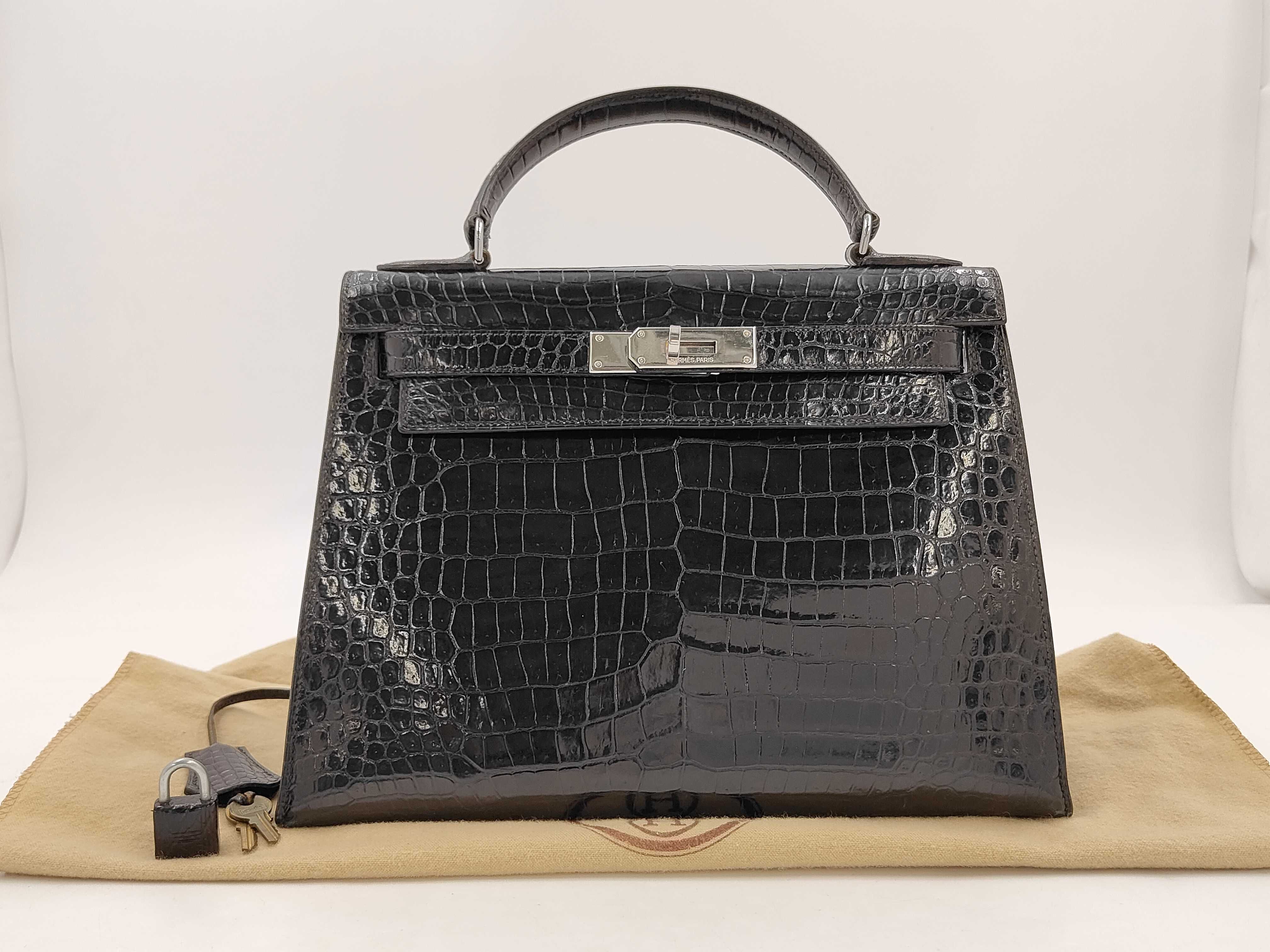 Kelly 28 Sellier Crocodile Black Silver Hardware E: 1975 Handbag