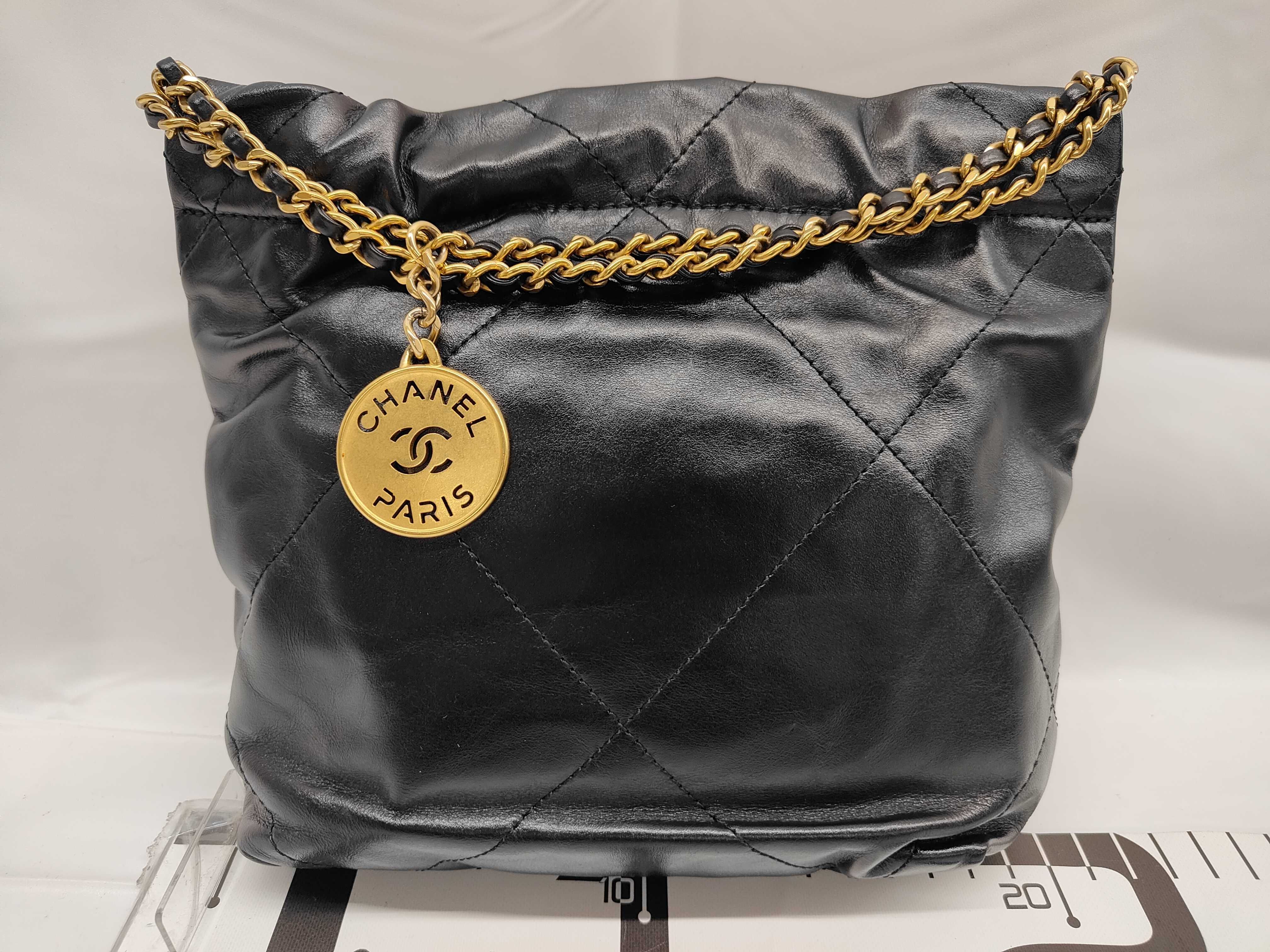 22 Shiny Calfskin Chain Shoulder Bag with Gold Hardware and Serial Number Plate, Black Shoulder Bag — view 2