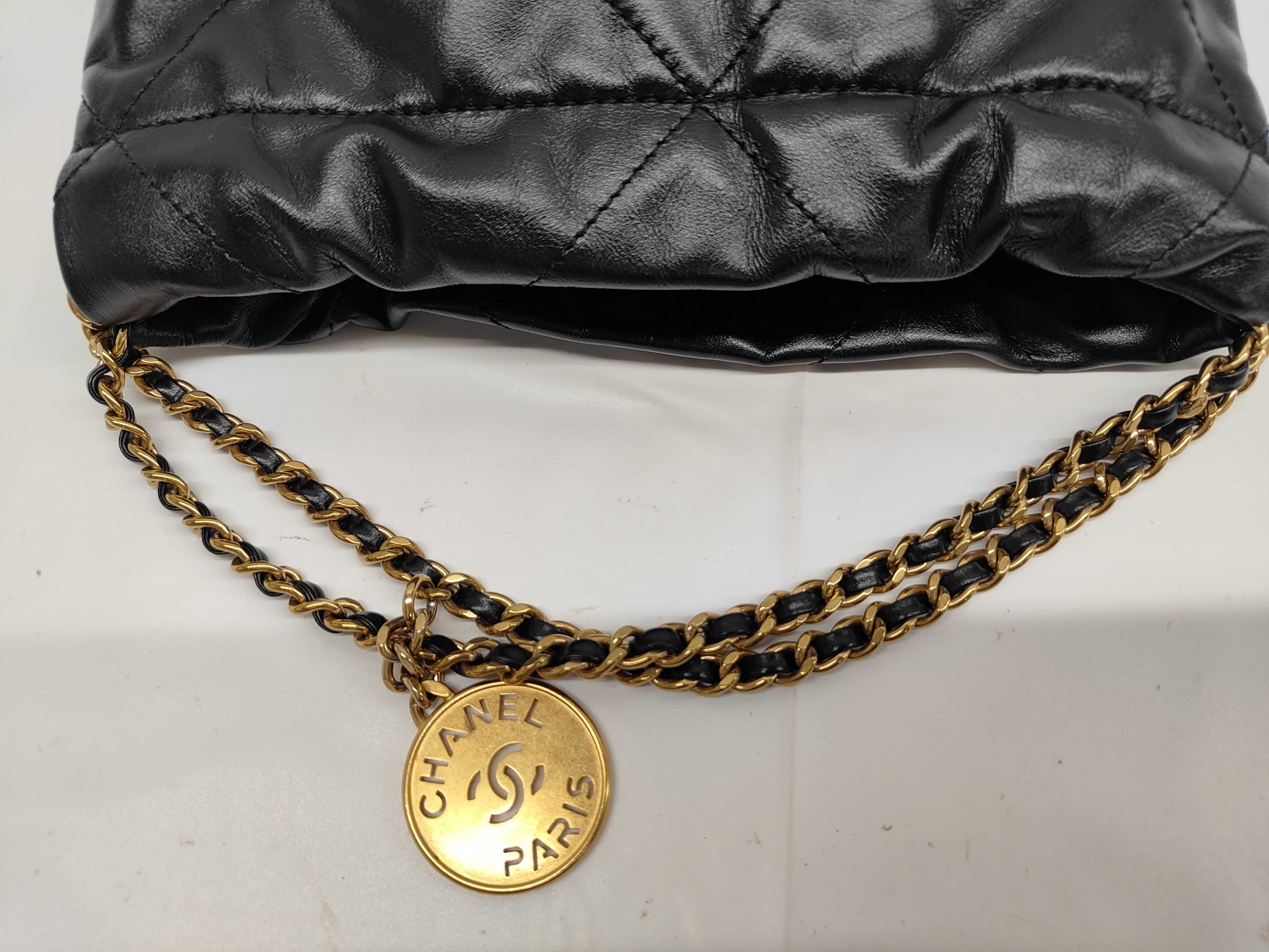 22 Shiny Calfskin Chain Shoulder Bag with Gold Hardware and Serial Number Plate, Black Shoulder Bag — view 5