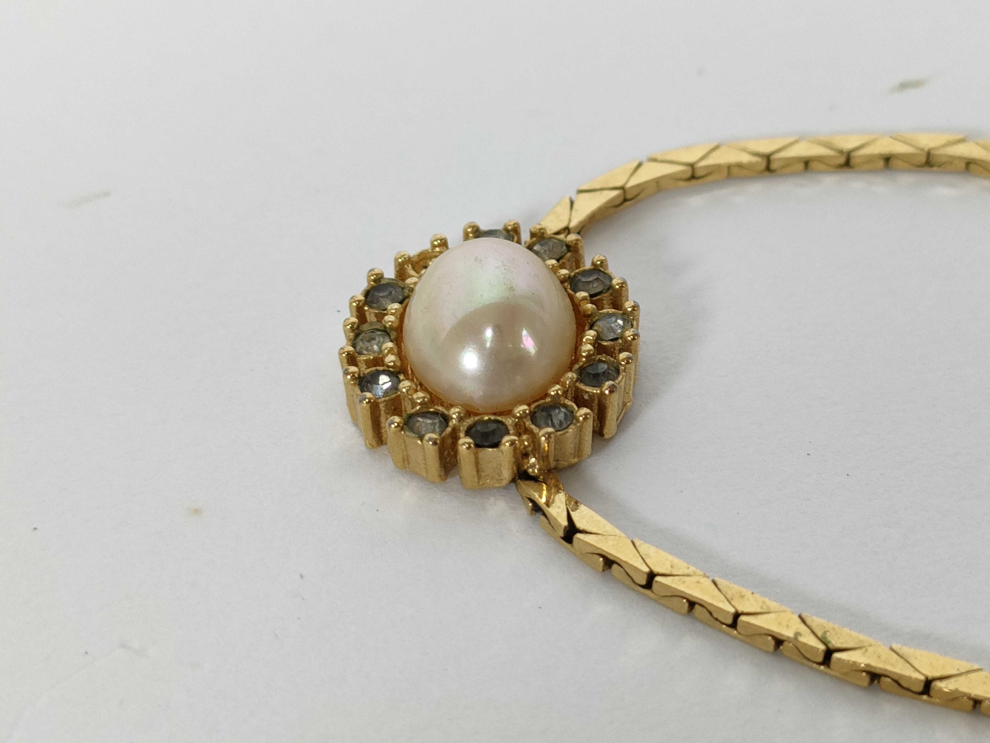 pearl rhinestone necklace, gold plated, some stones missing. — view 3