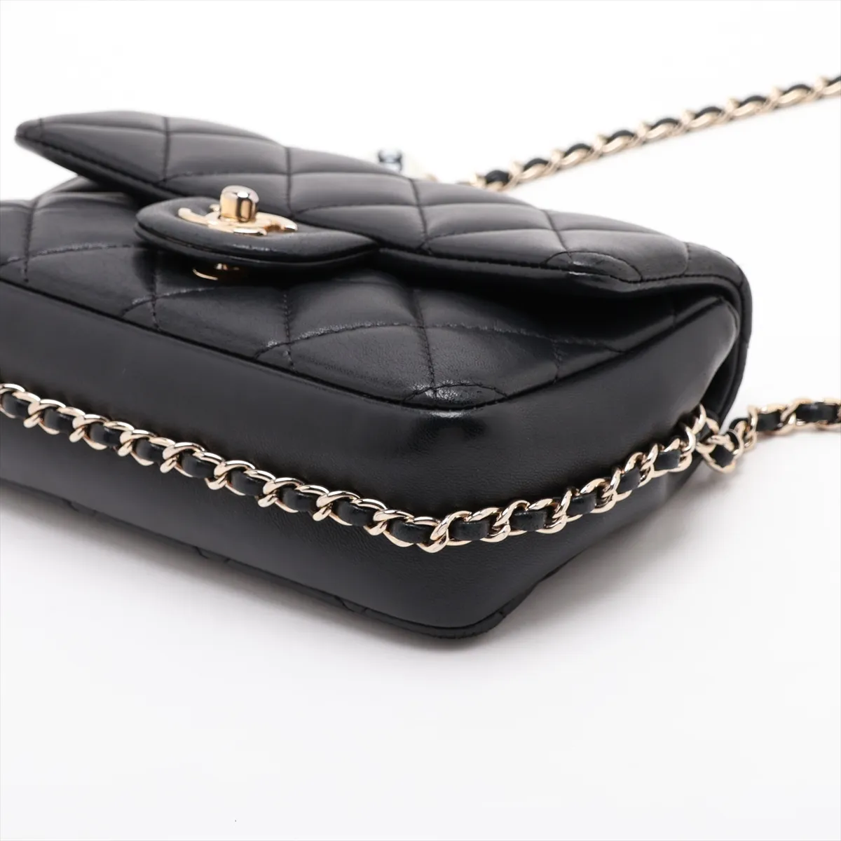 Mini Matelassé Lambskin Chain Shoulder Bag, Pearl Black with Gold Hardware, 29869340, Serial Number 29 — view 3