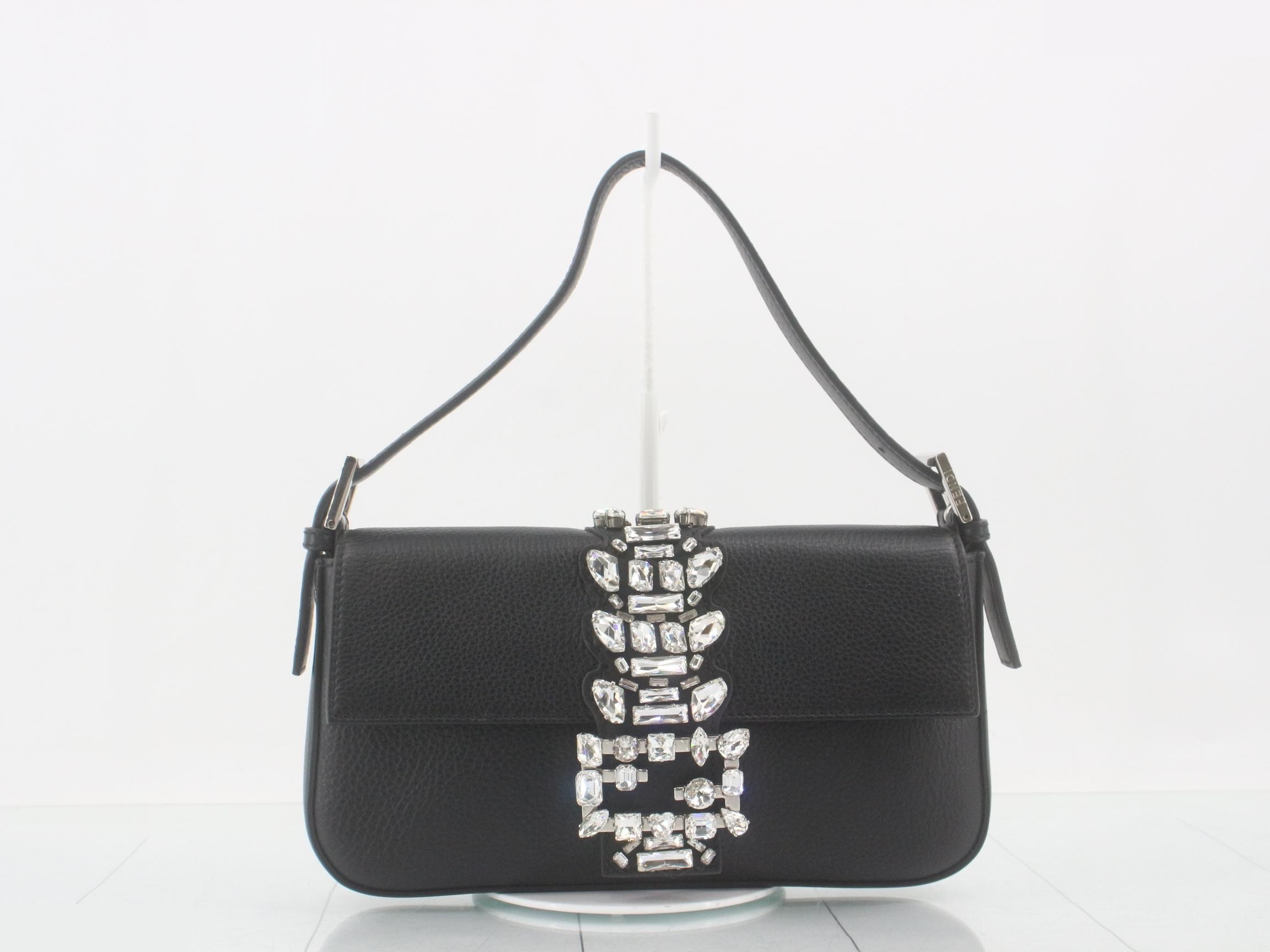 Baguette Leather Rhinestone One-Shoulder Bag, Black