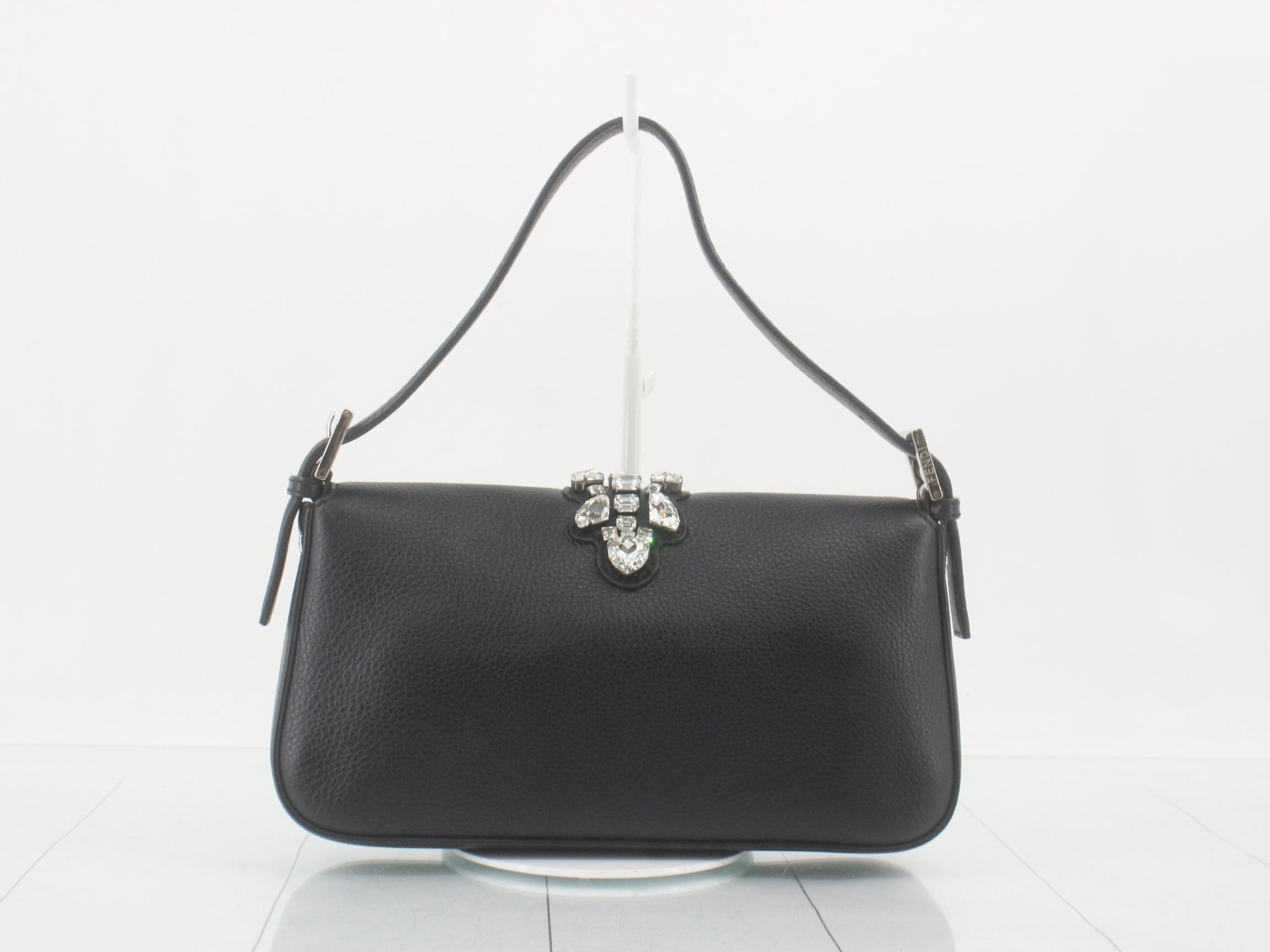 Baguette Leather Rhinestone One-Shoulder Bag, Black — view 2