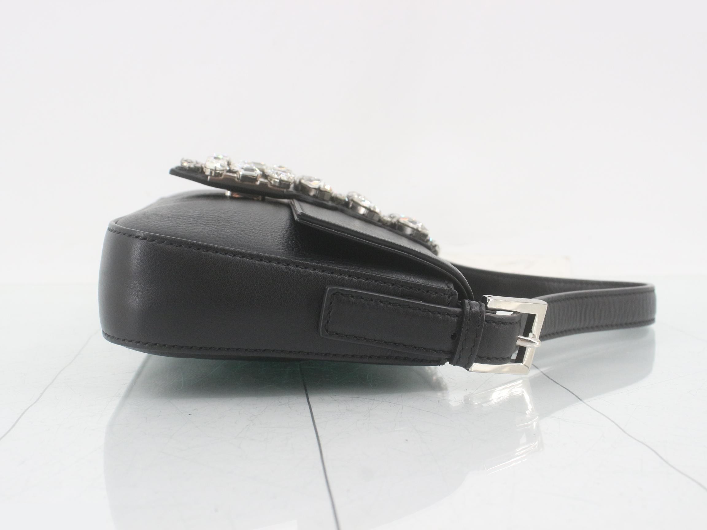 Baguette Leather Rhinestone One-Shoulder Bag, Black — view 3