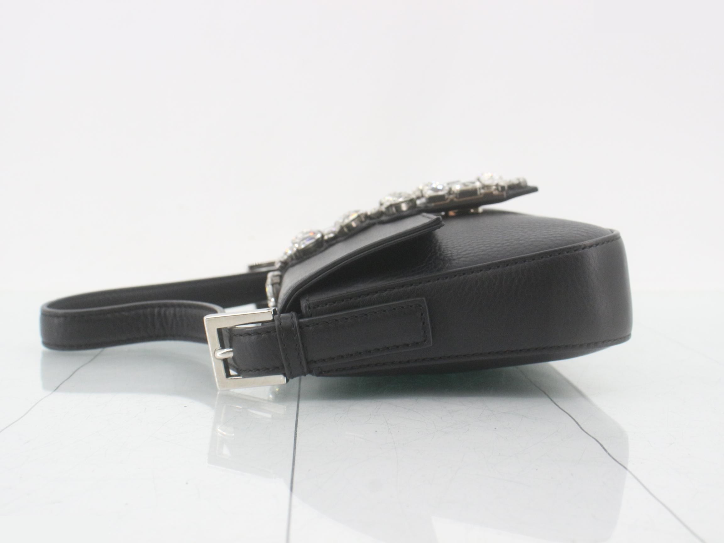 Baguette Leather Rhinestone One-Shoulder Bag, Black — view 4