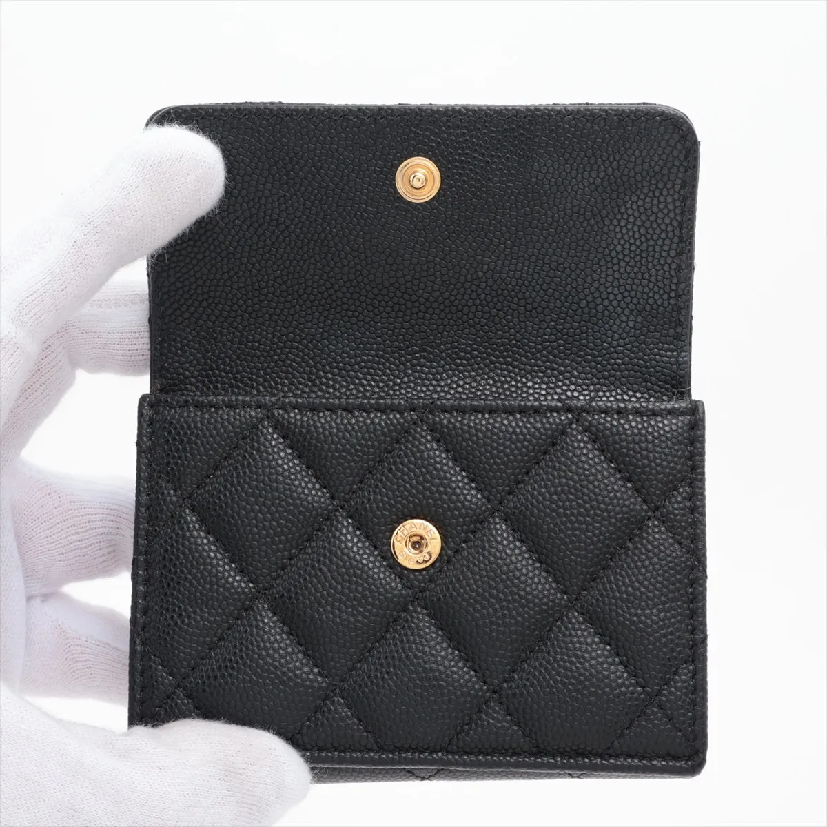 Matelassé Caviar Skin Compact Wallet, Black x Purple, Gold Hardware, E48X8XC6 — view 3