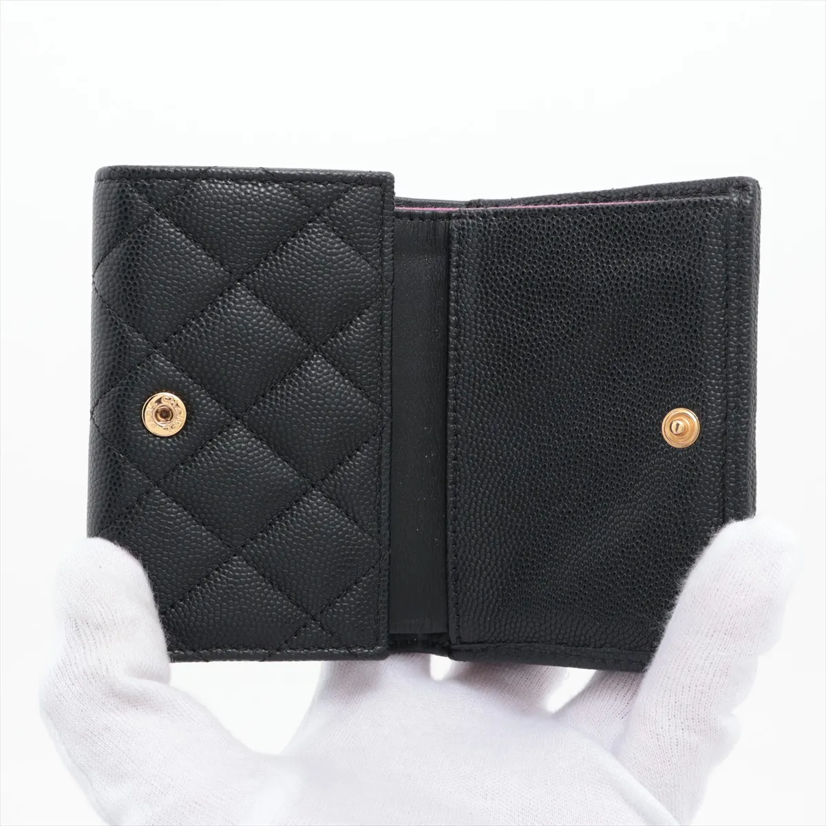 Matelassé Caviar Skin Compact Wallet, Black x Purple, Gold Hardware, E48X8XC6 — view 4