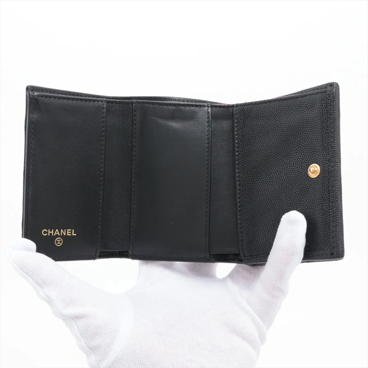 Matelassé Caviar Skin Compact Wallet, Black x Purple, Gold Hardware, E48X8XC6 — view 5