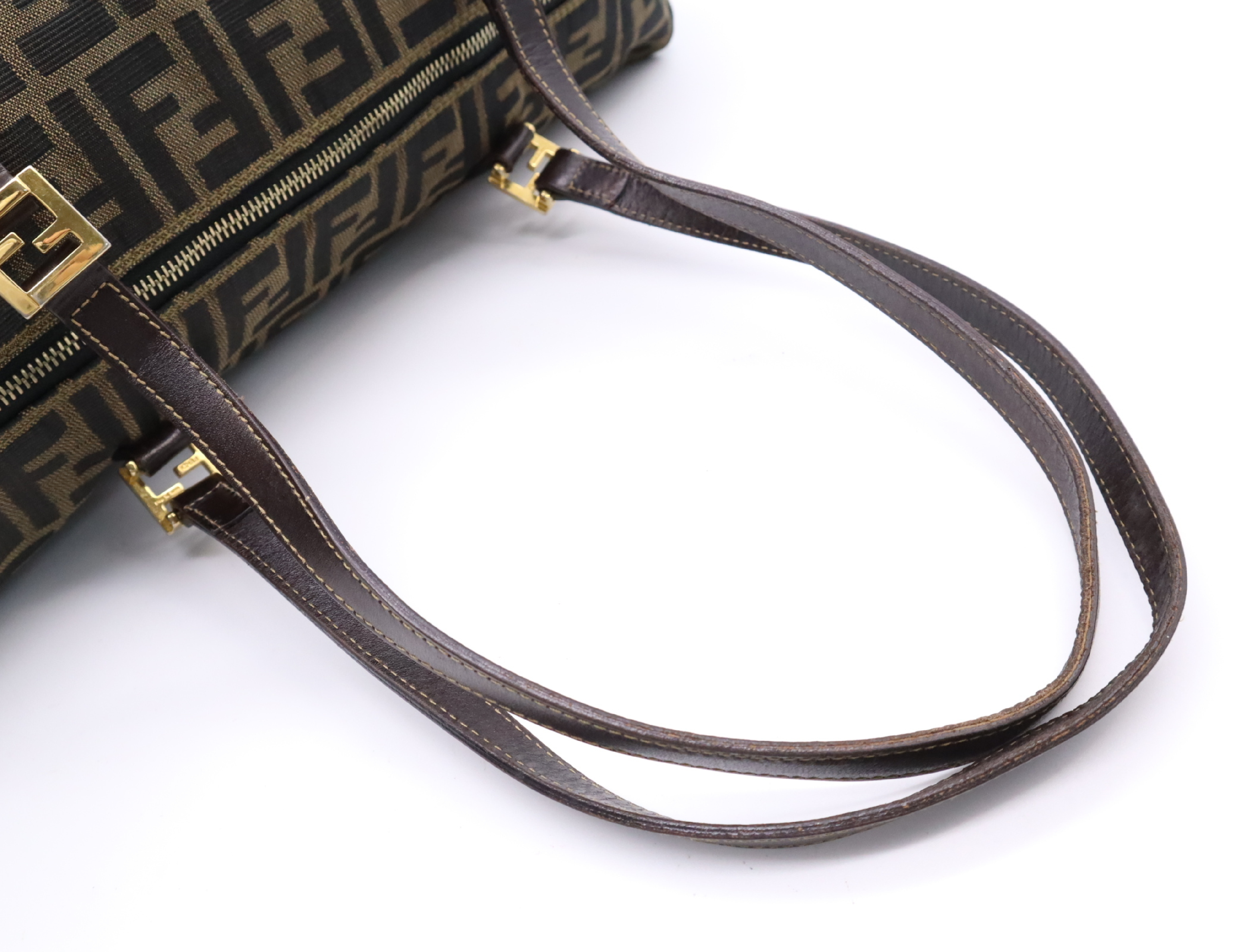 Canvas x Leather Zucca Pattern Tote Bag, Brown, Gold Hardware — view 12