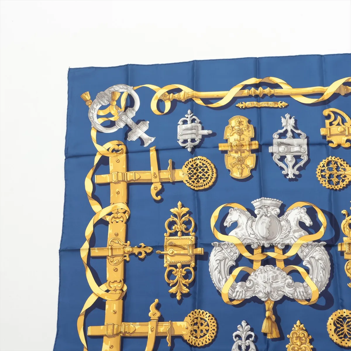 Carre 90 Ferronnerie ironwork scarf, silk, blue. Shows signs of wear, including snags, — view 2