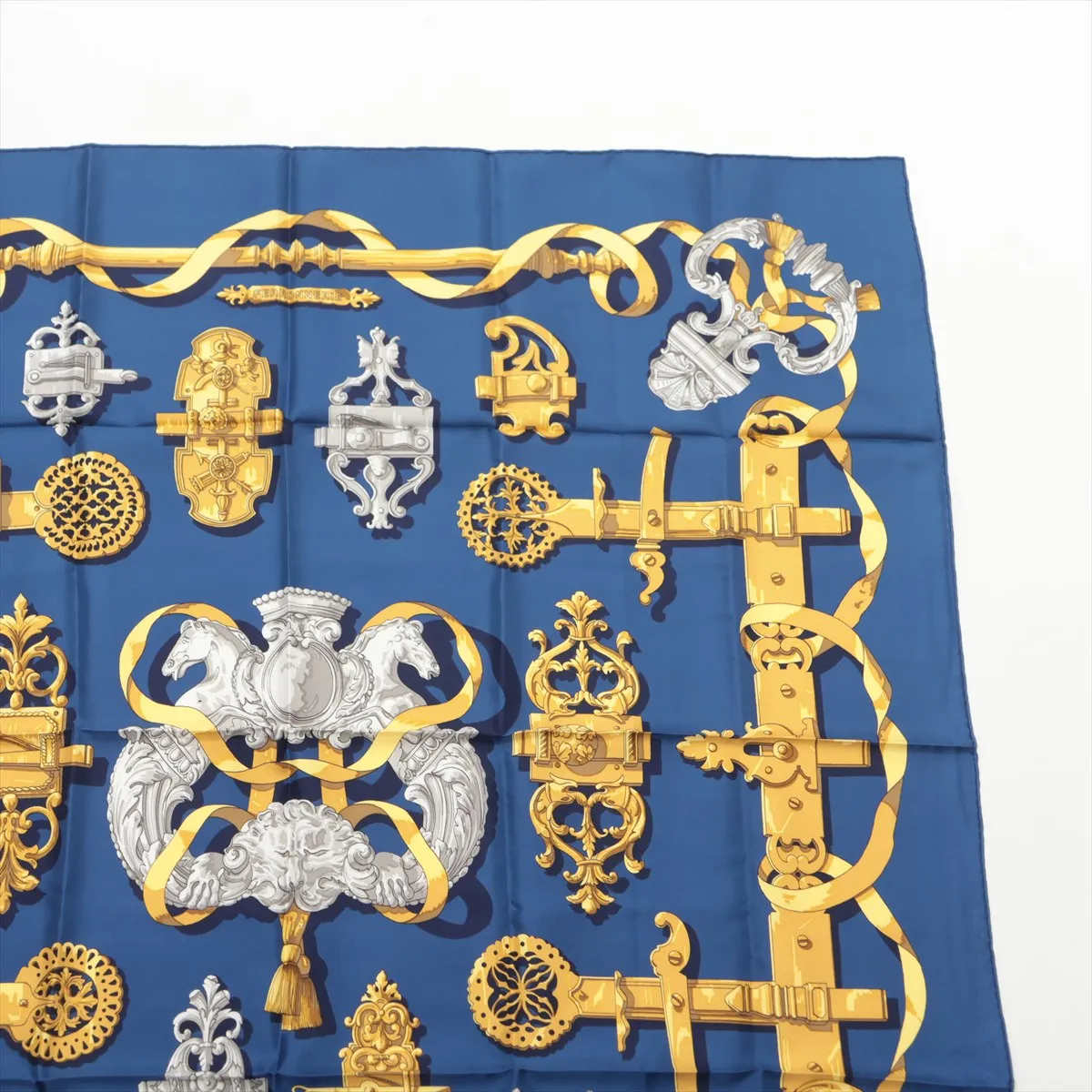 Carre 90 Ferronnerie ironwork scarf, silk, blue. Shows signs of wear, including snags, — view 3