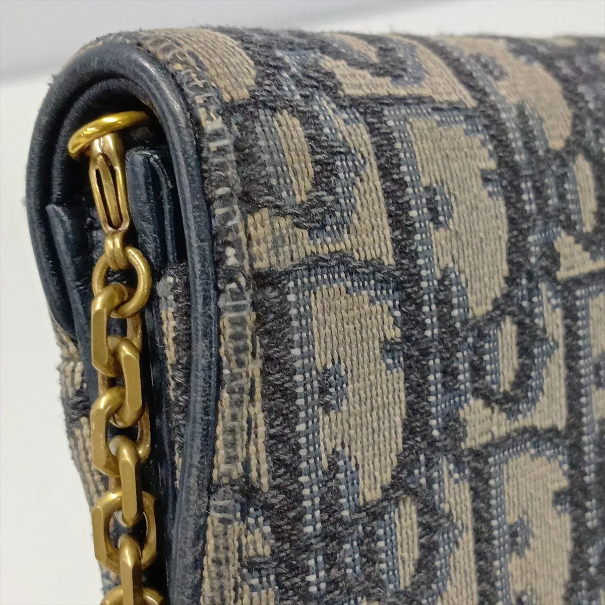Oblique Saddle Canvas x Leather Chain Shoulder Bag, Navy — view 14
