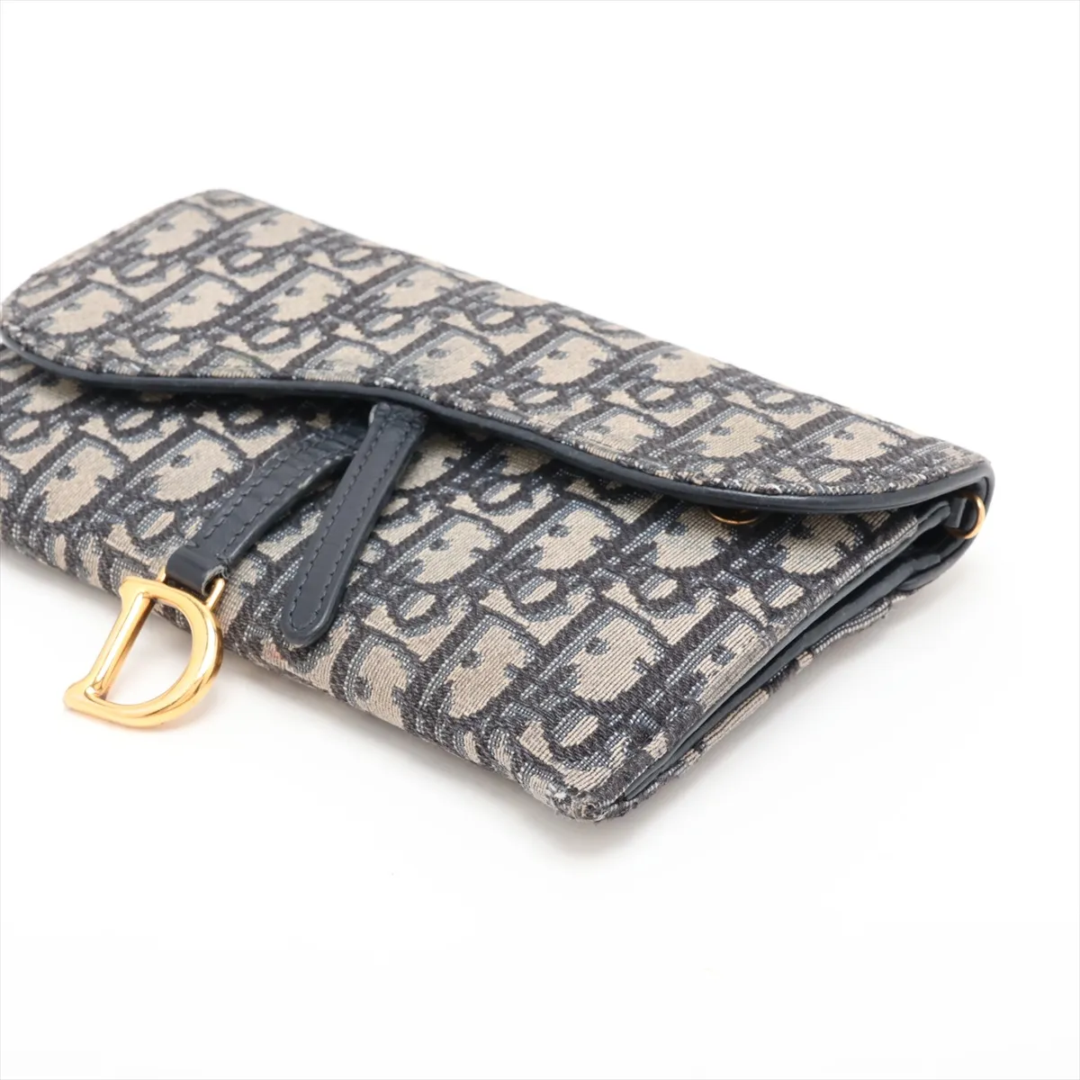 Oblique Saddle Canvas x Leather Chain Shoulder Bag, Navy — view 3